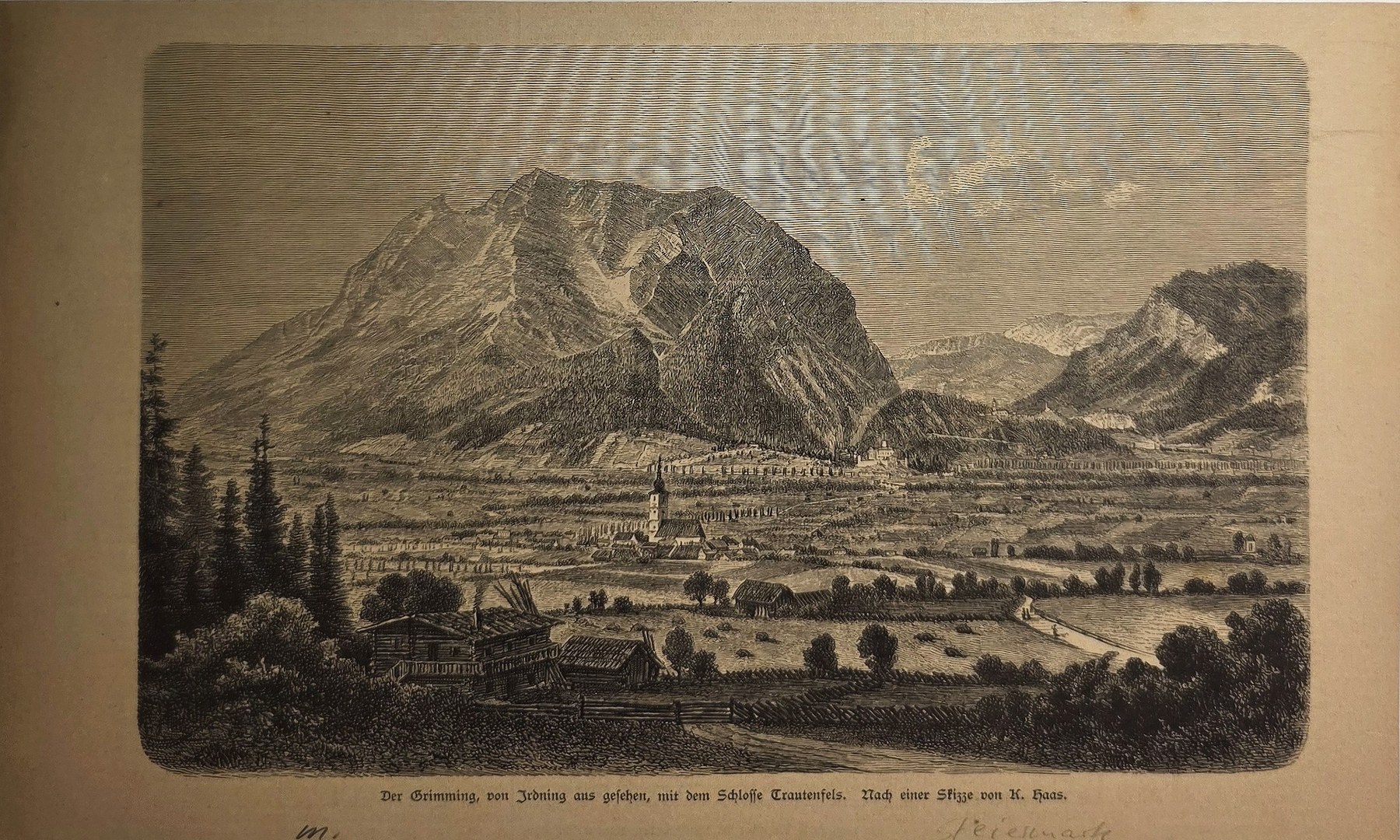 Historische Landschaftsdarstellung – Weite Tallandschaft mit Bergmassiv