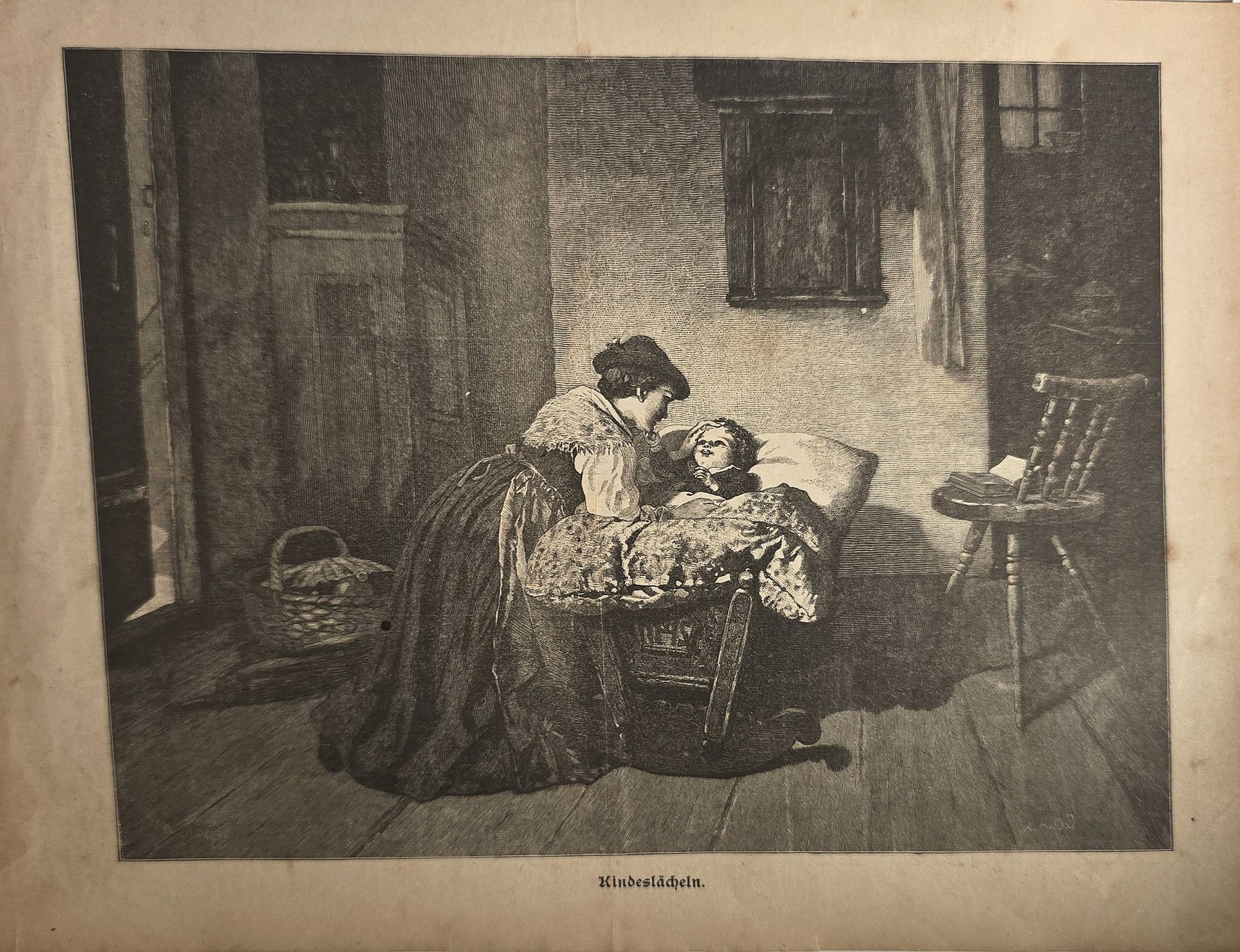 Mutter an der Wiege im schlichten Zimmer