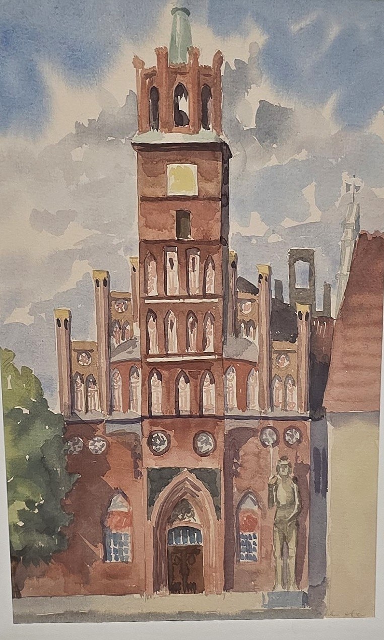 Aquarell mit hohem Backsteinturm und gotischer Fassade