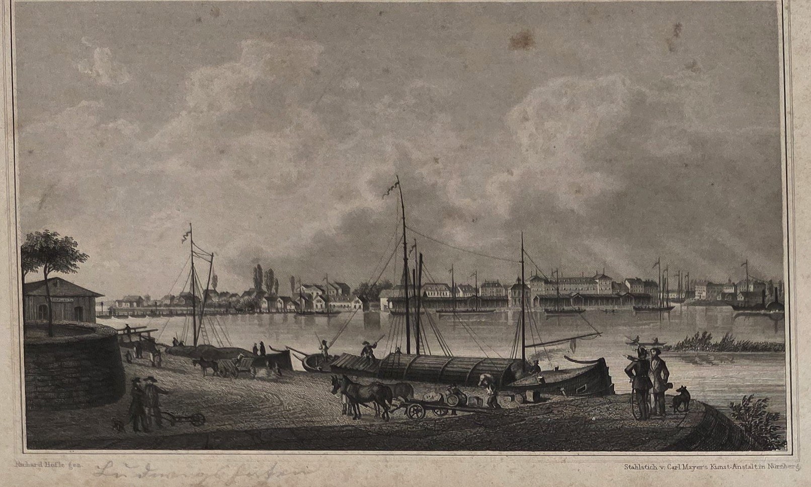 Historische Ortsdarstellung – Hafenquai mit Fuhrwerk und Segelschiffen