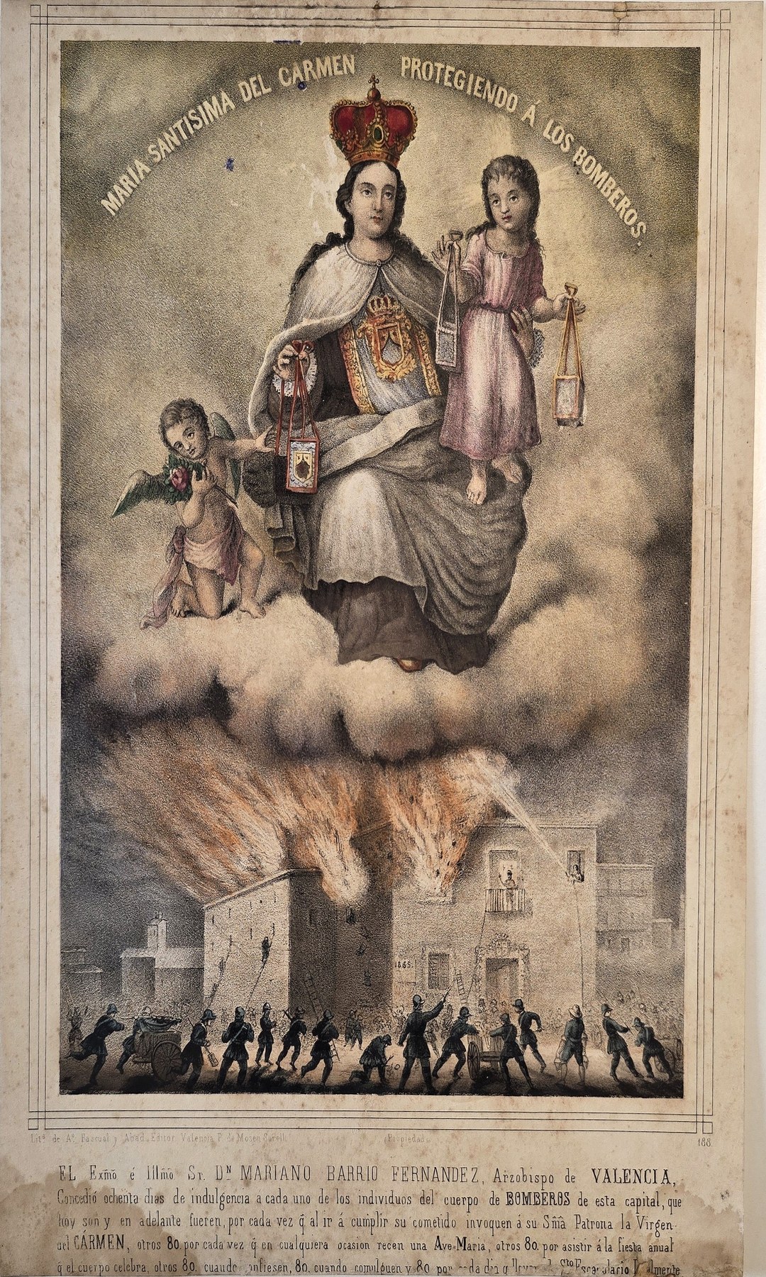 einer gekrönten Madonna mit Kind über Flammen