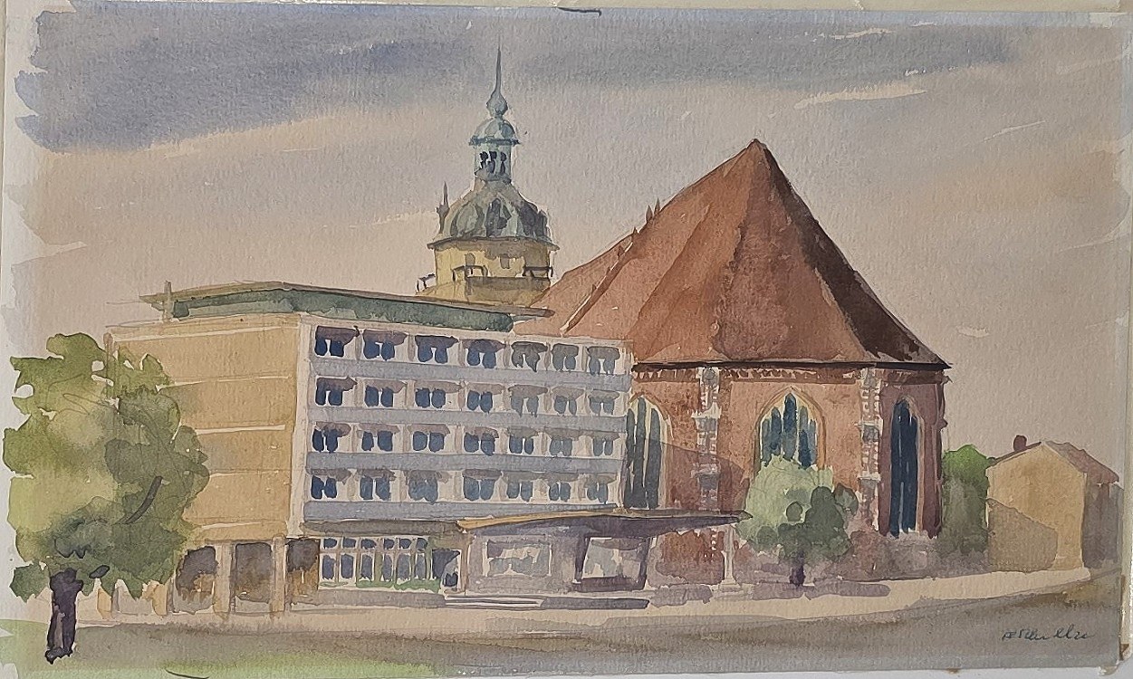 Aquarell mit großer Kirche und benachbartem Gebäude