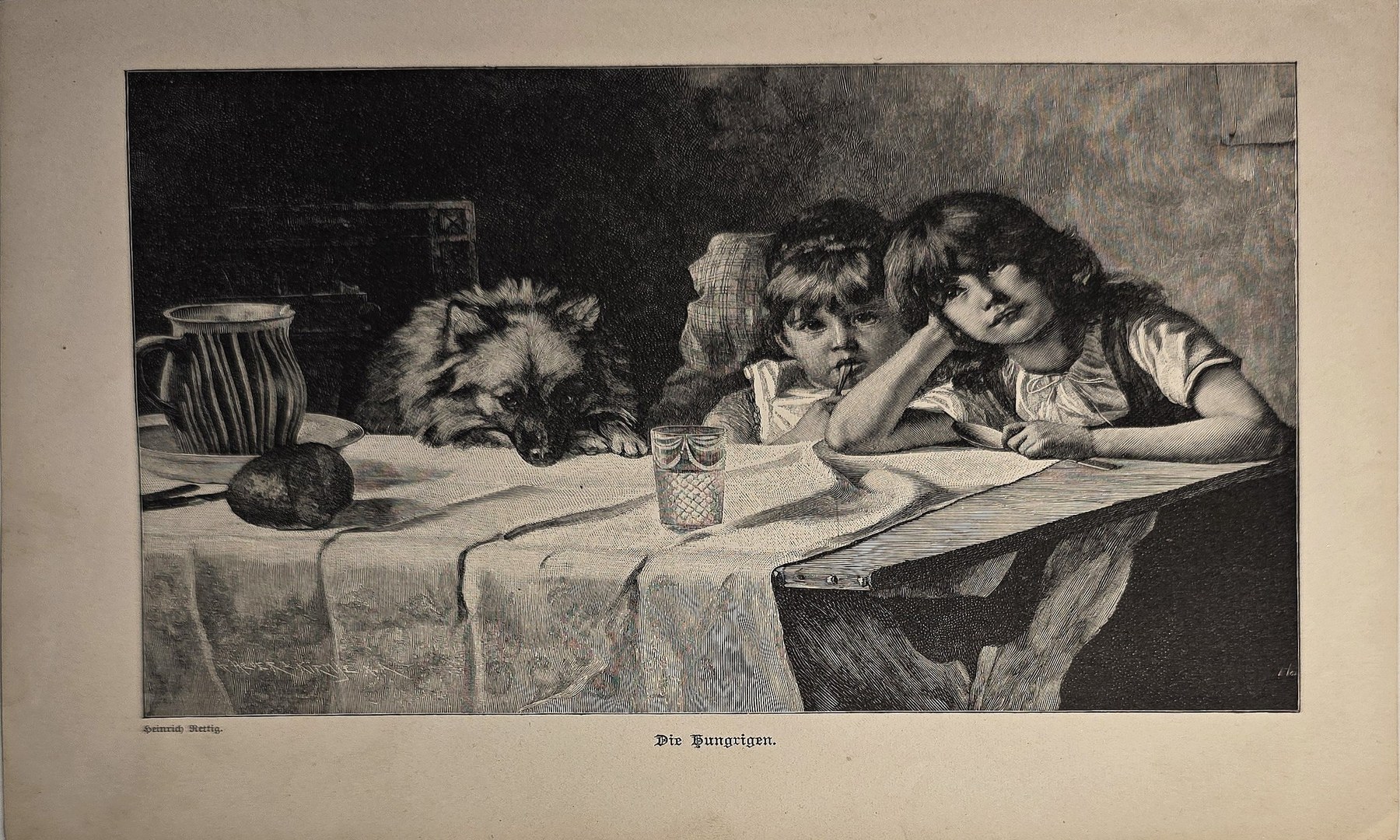 Historische Darstellung – Drei Kinder am gedeckten Tisch