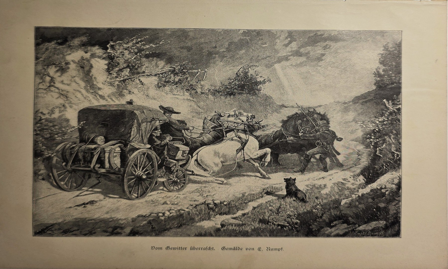 Historische Landschaftsdarstellung – Kutsche auf unebenem Waldweg