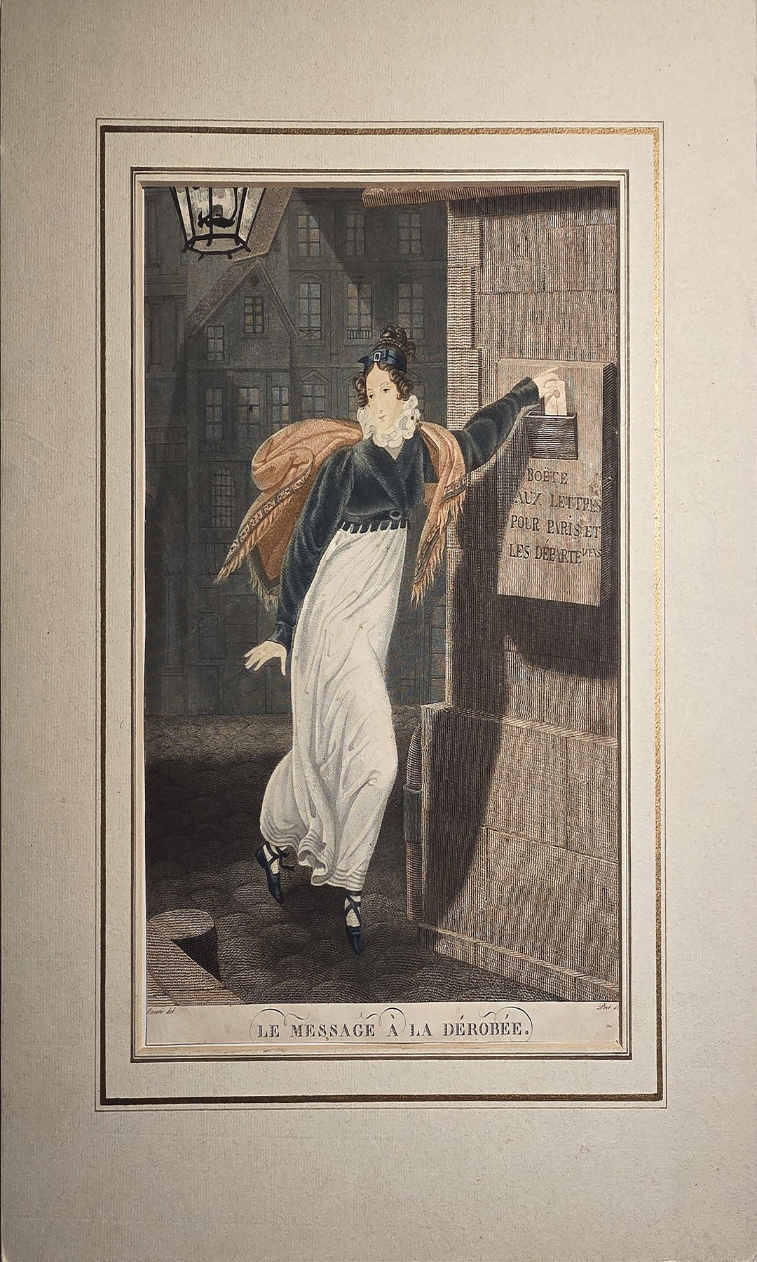 Farbige historische Grafik „Le Message à la Dérobée“ mit eleganter Dame