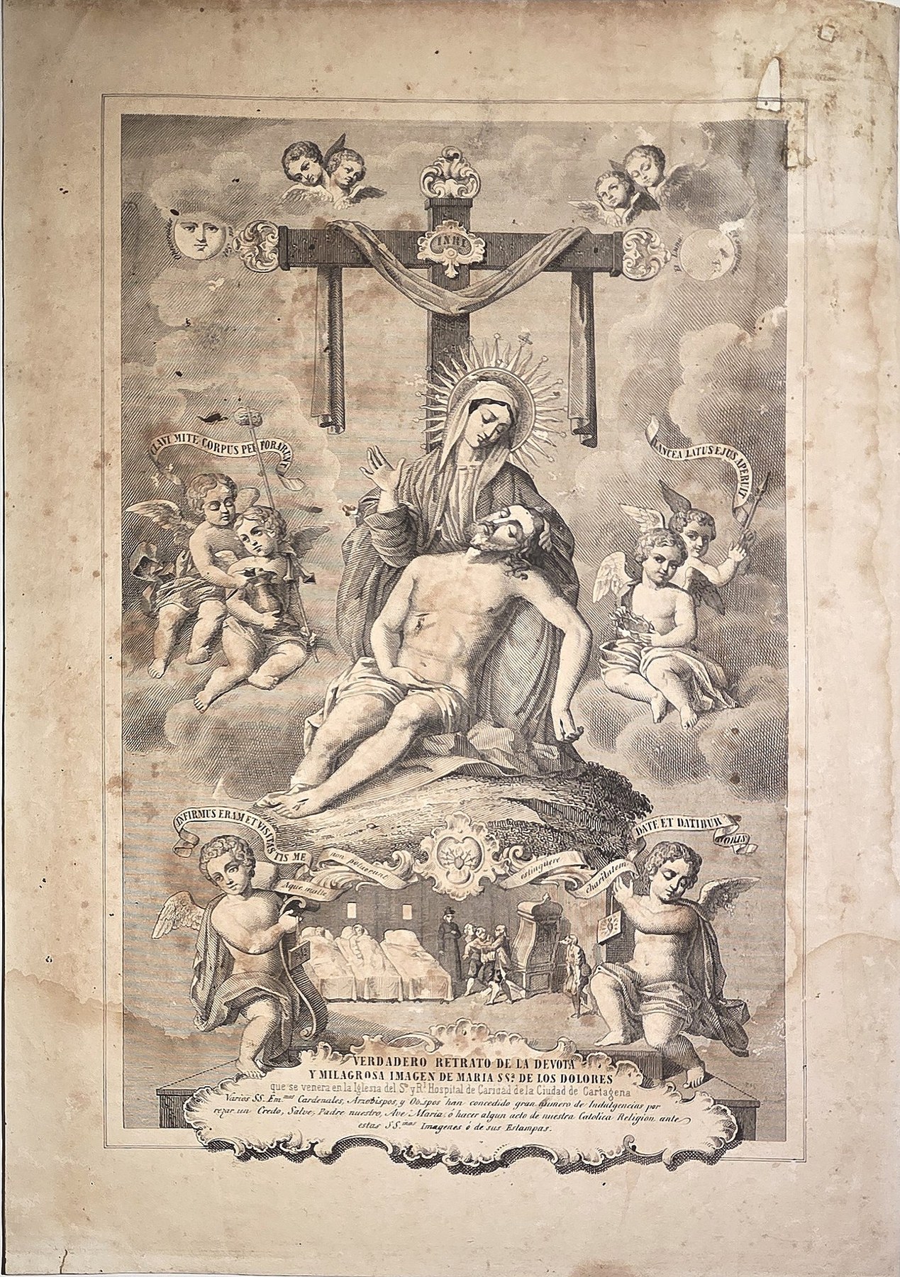 Sakrale historische Darstellung – Schmerzensreiche Marienfigur mit Engeln und Symbolen
