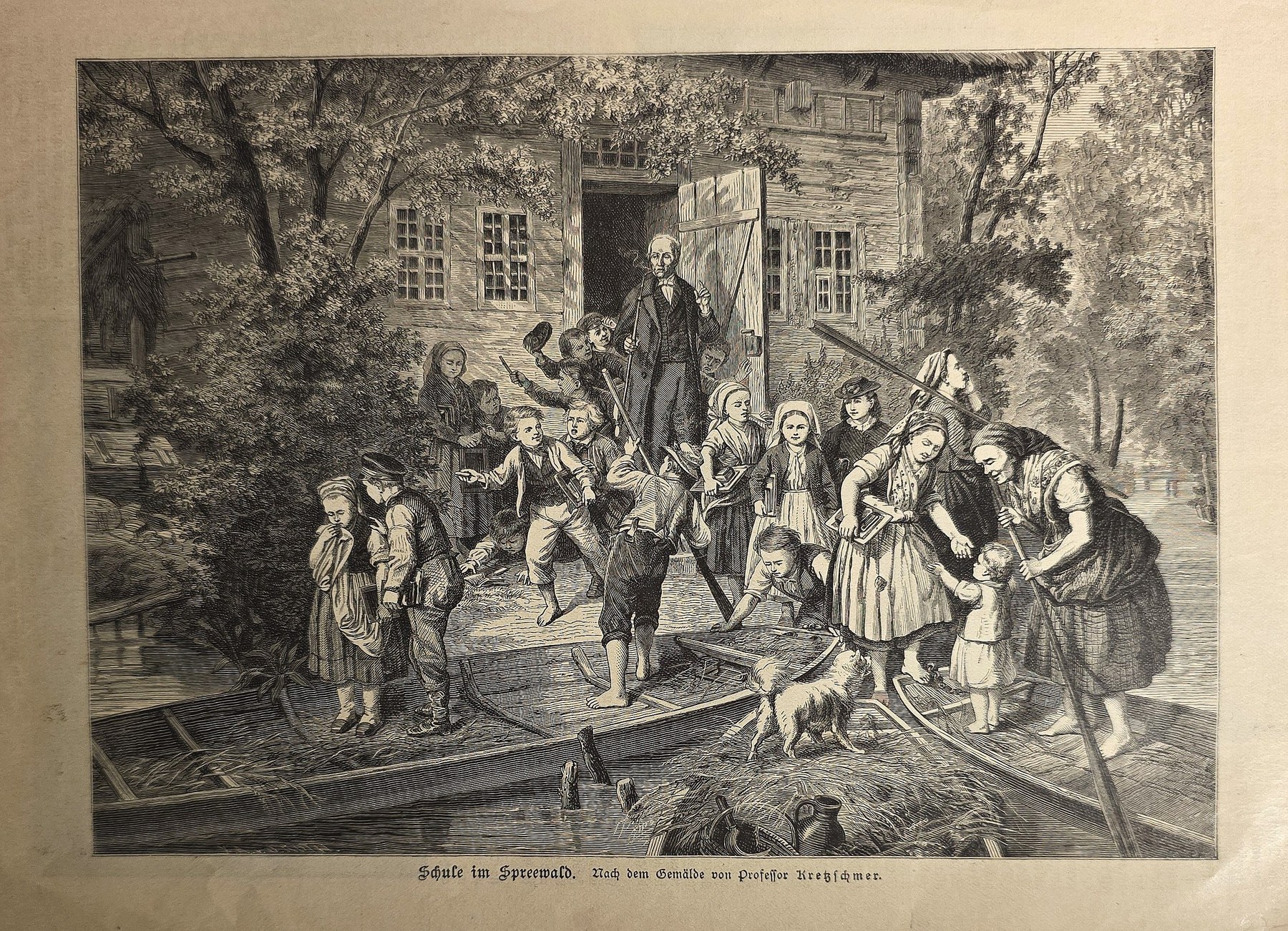 Festliche Gesellschaft vor einem Landhaus