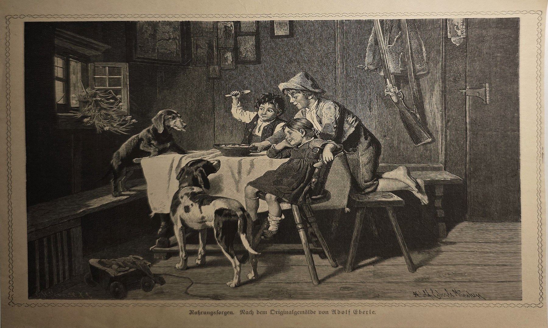 Historische Darstellung – Wirtshausszene mit Gästen und Hund am Tisch