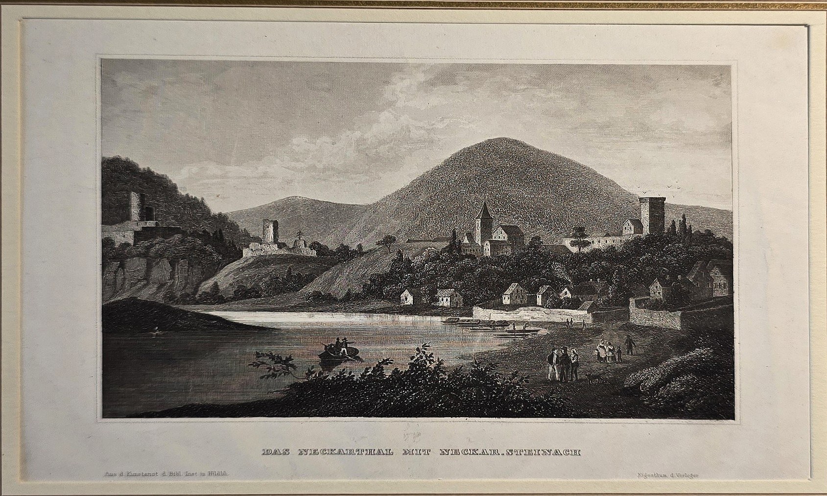 Sakrale historische Darstellung – Bergort mit Kirche und Uferzone