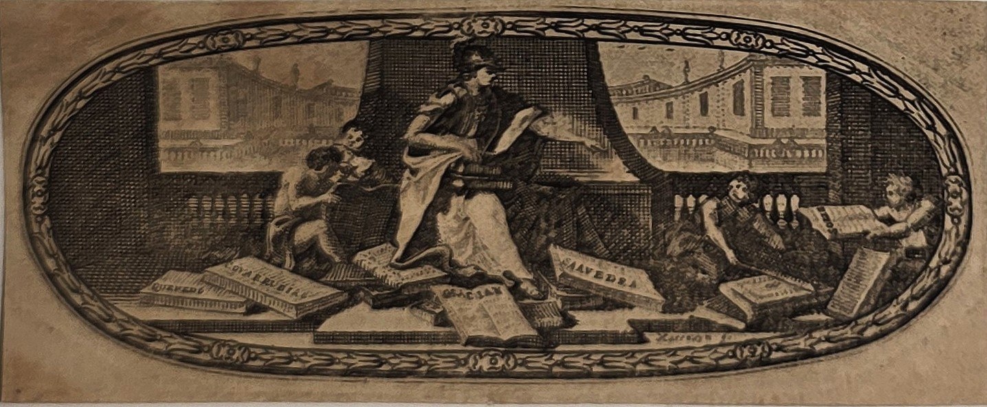 Ovalvignette mit dramatischer häuslicher Szene