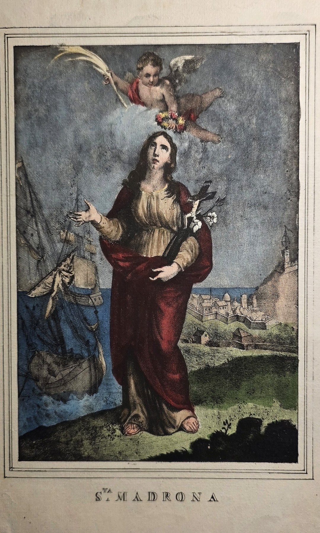 Farbig gefasste Heiligenfigur mit Engel und Landschaftshintergrund