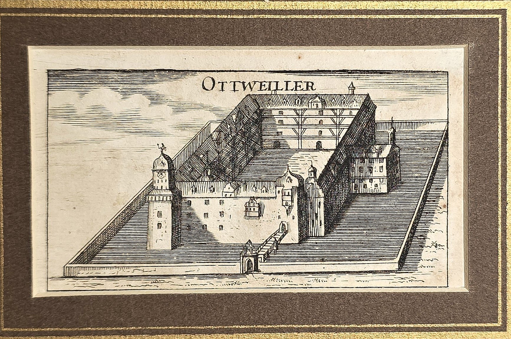 Ansicht einer ummauerten Schlossanlage mit Ortsbezeichnung