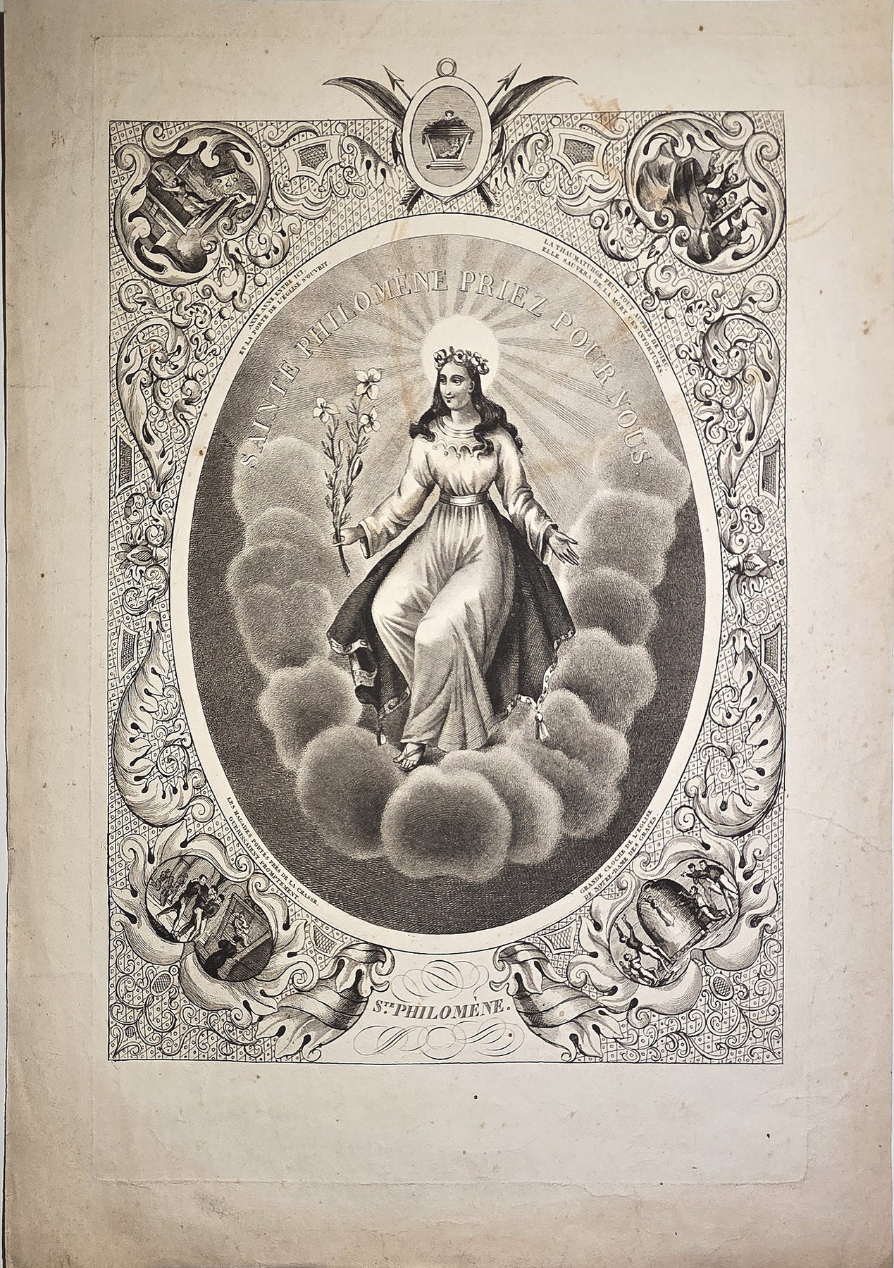 Ornamentale historische Darstellung – Jungfrau in Wolkenglorie mit ornamentalem Rahmen