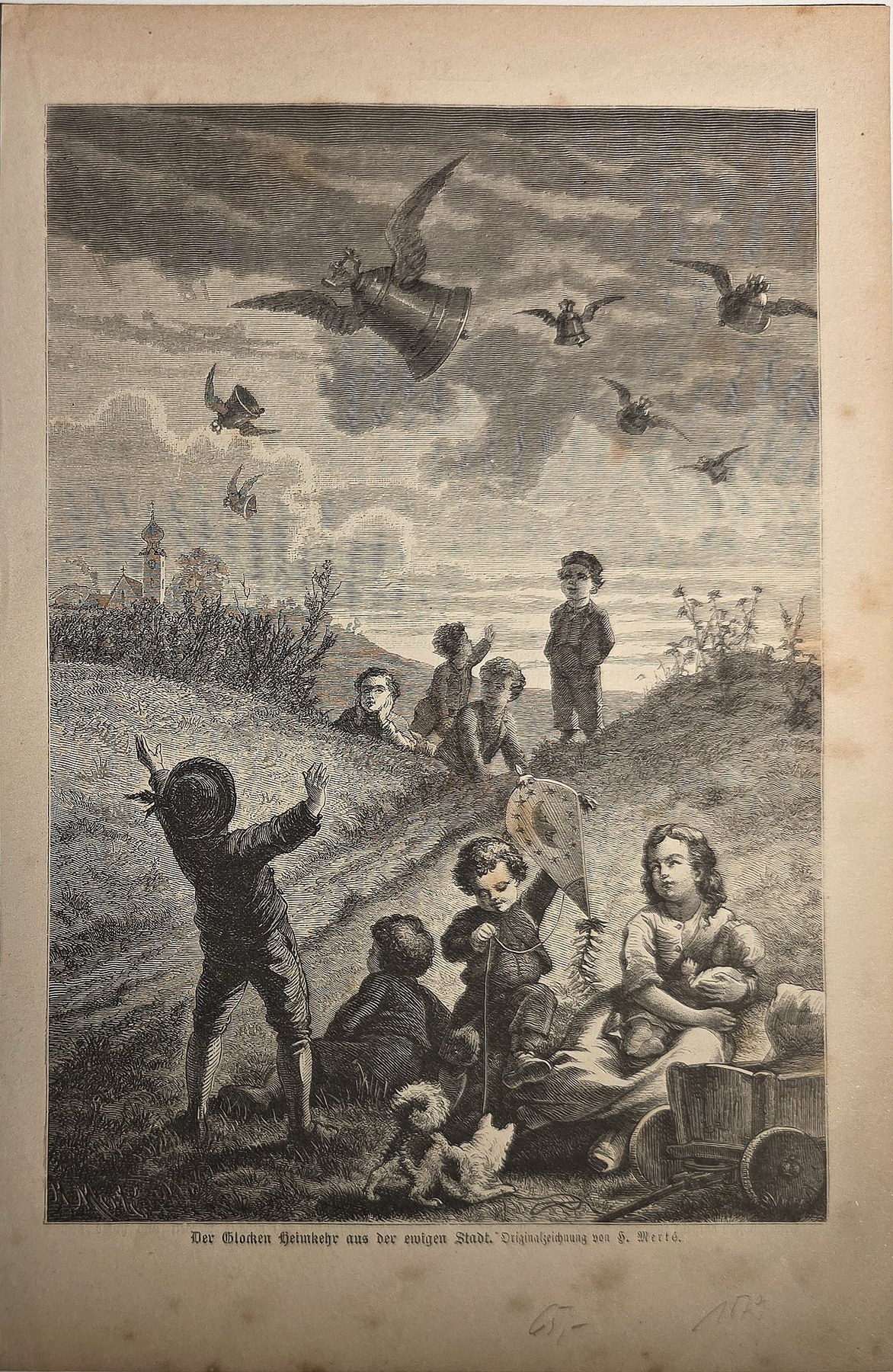 Historische Darstellung – Winterlicher Himmel mit Vögeln und Kindern