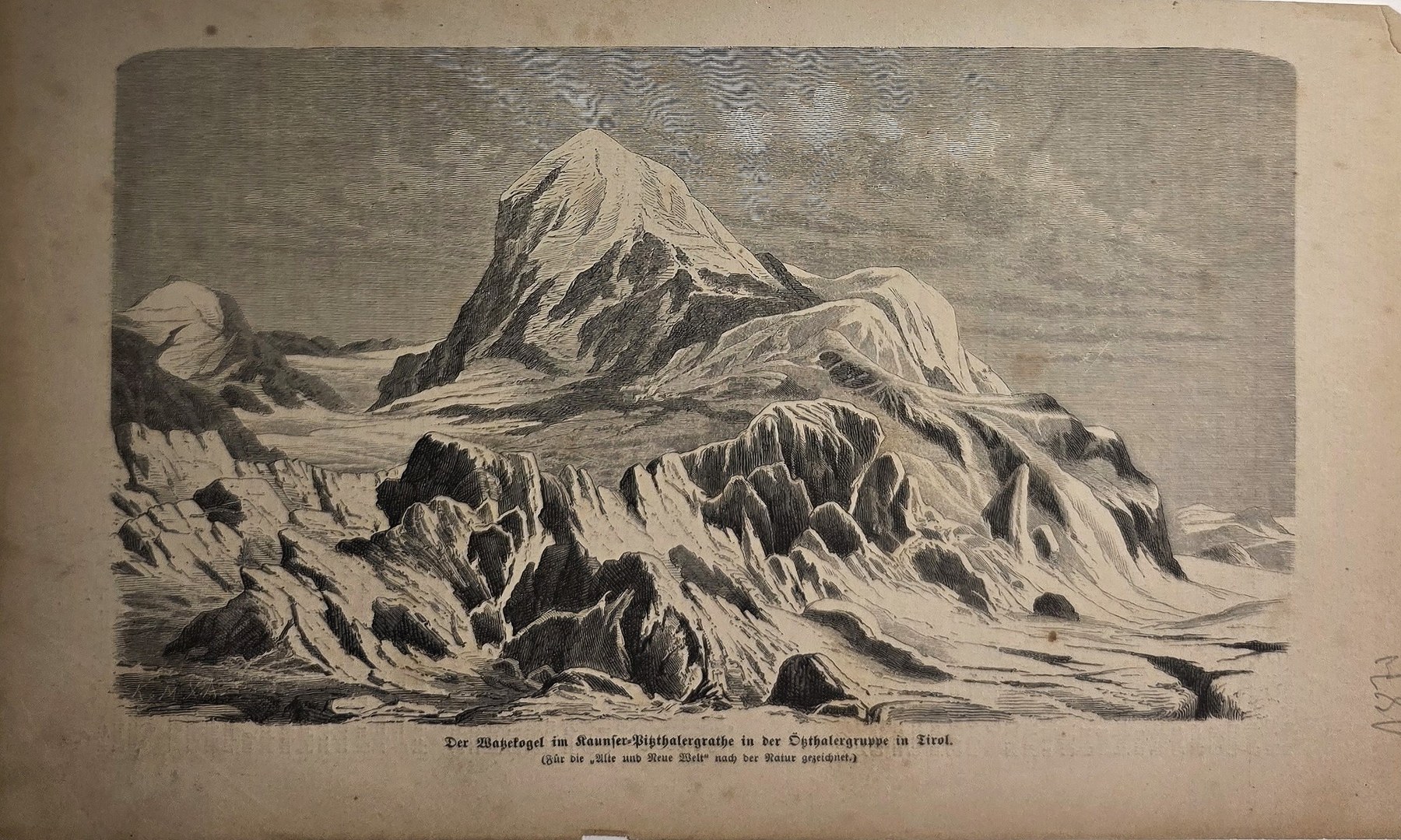 Historische Darstellung – Schneebedecktes Hochgebirge mit markantem Gipfel