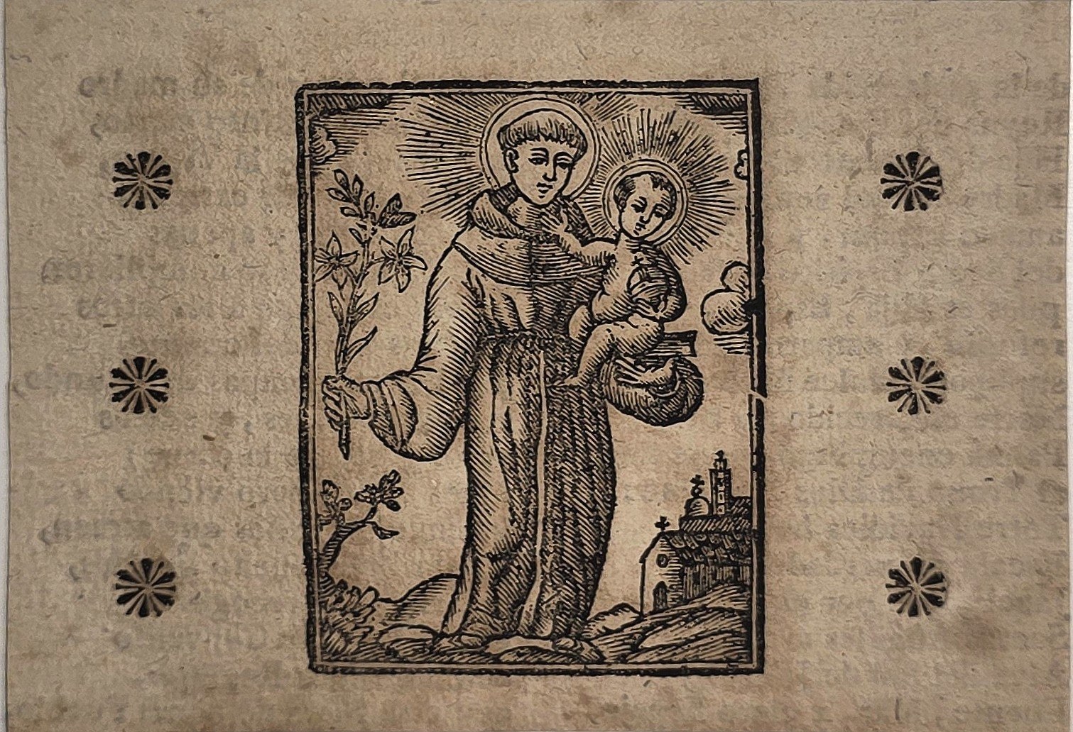 Sakrale historische Darstellung – Heiliger mit Kind im ornamentierten Andachtsbild