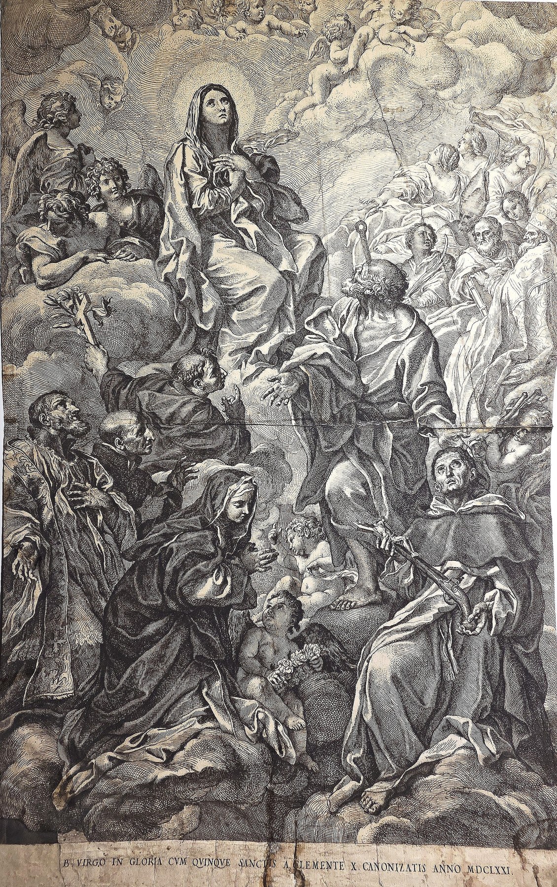 Figurenreicher mit Madonna, Heiligen und Wolkenhimmel