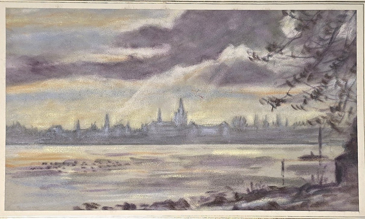 Aquarell mit winterlicher Flussweite und ferner Stadtsilhouette