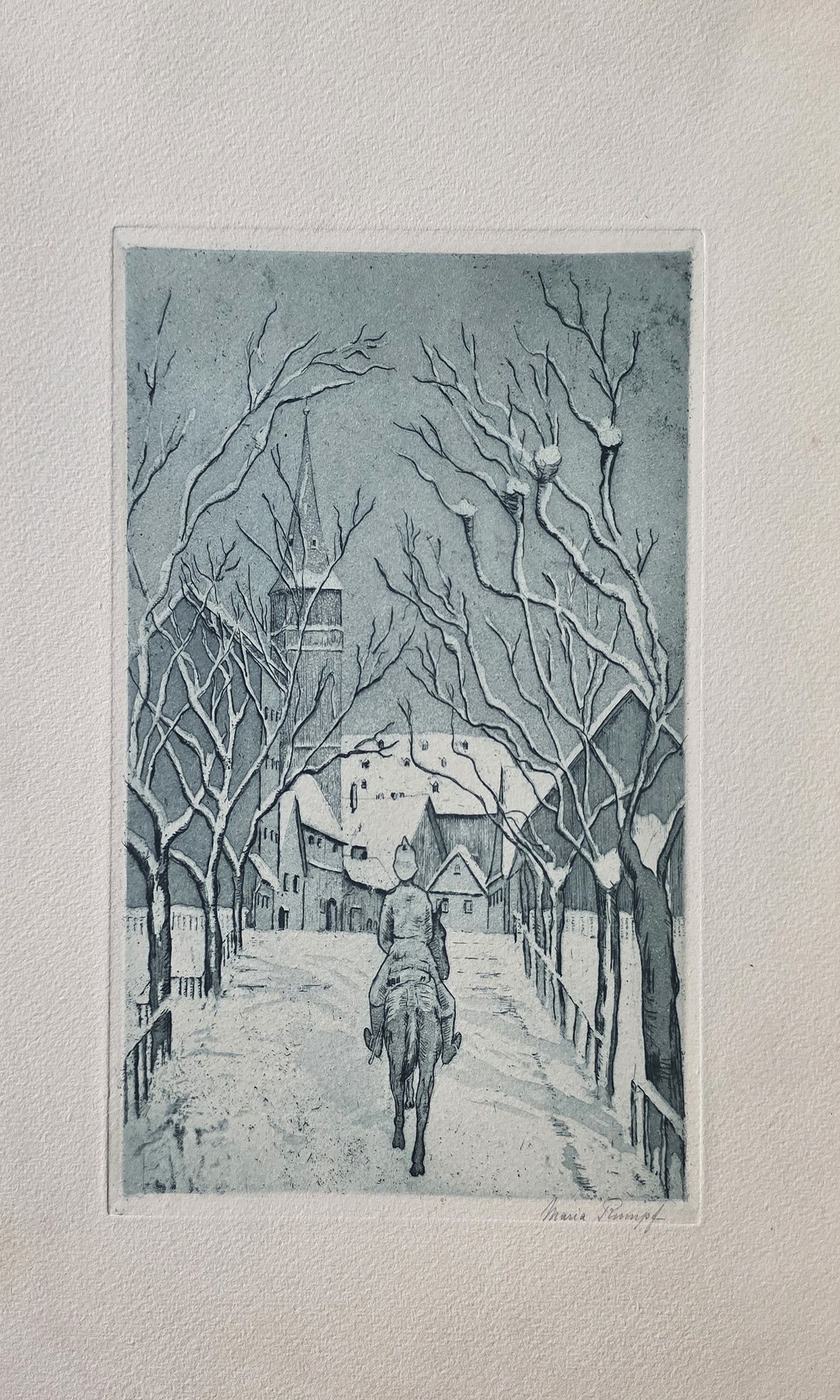 Historische Darstellung – Winterliche Häusergruppe zwischen kahlen Bäumen