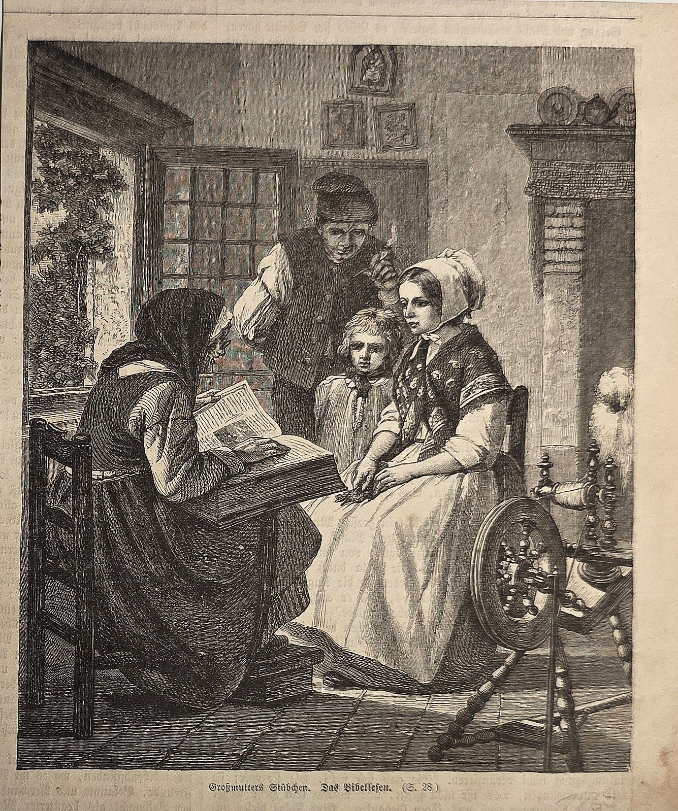 Historische figürliche Darstellung – Familie beim Vorlesen in der Stube