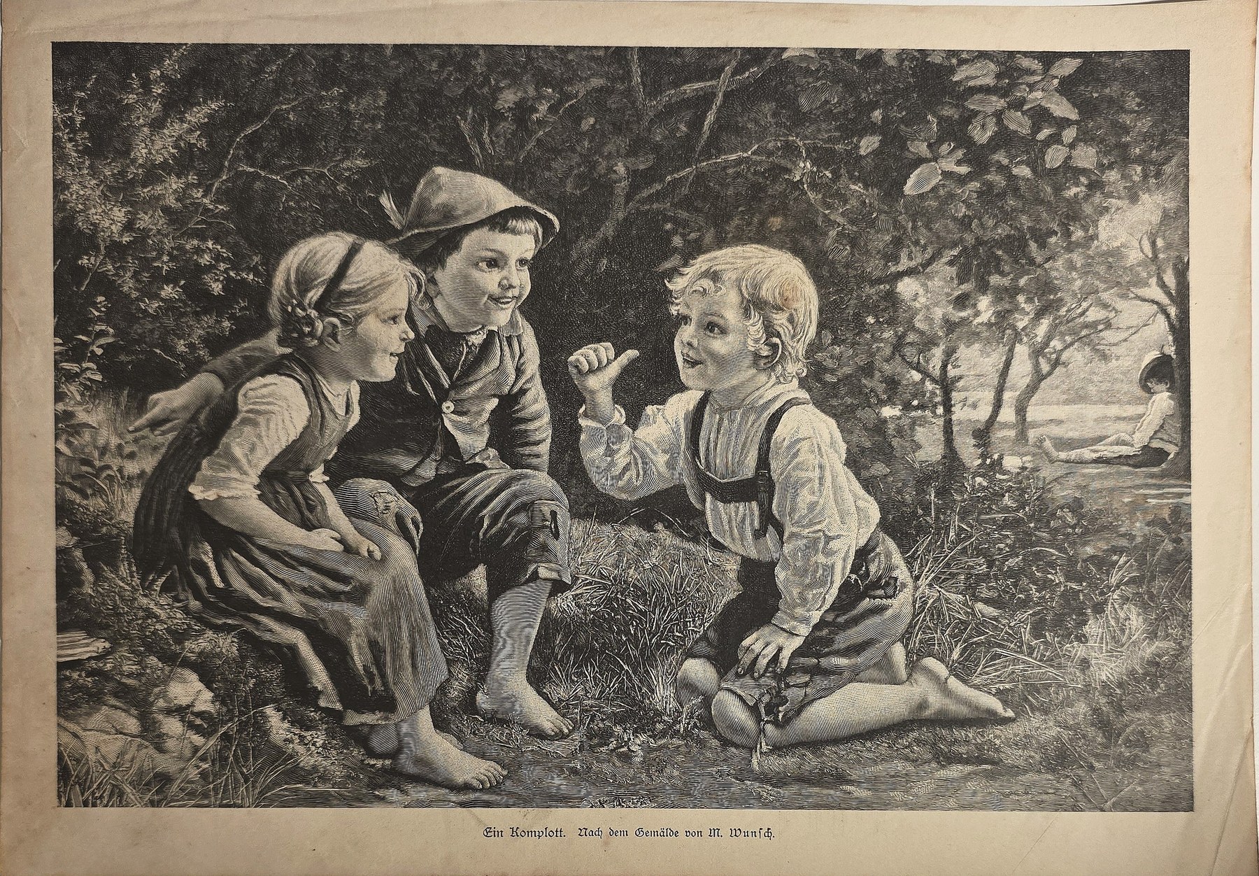 Drei Kinder im Gespräch im Freien