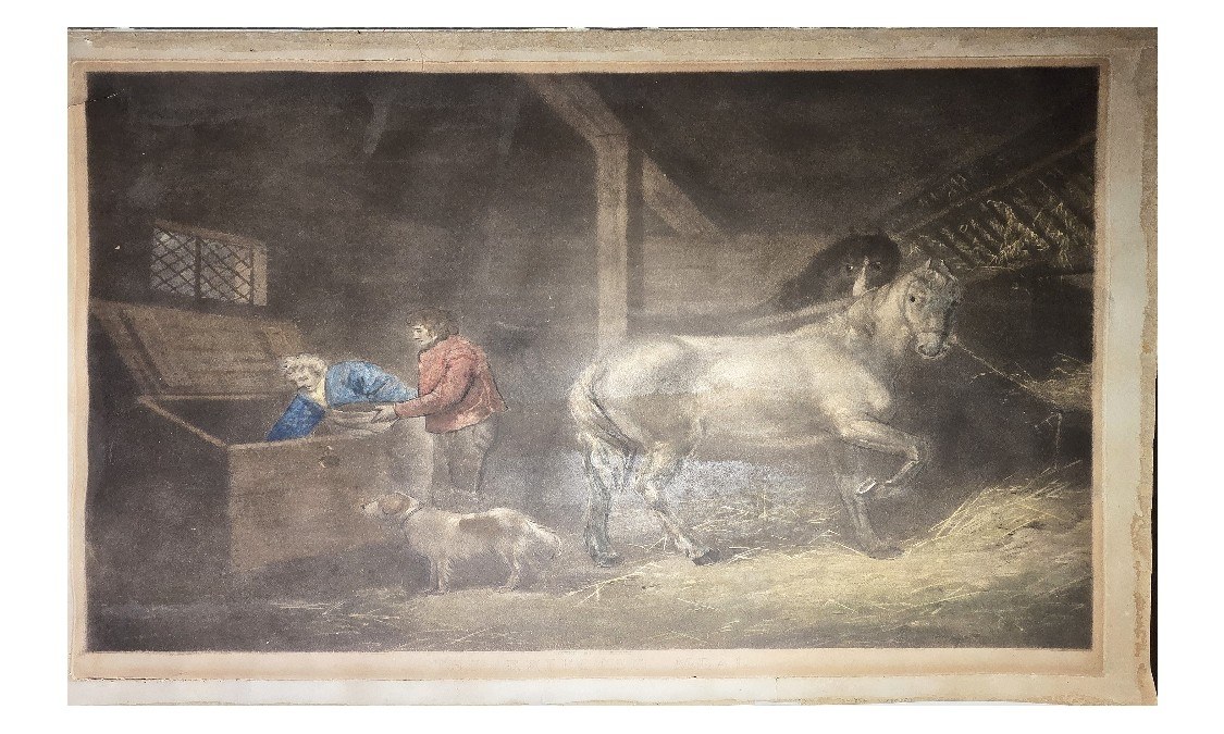 Stallszene mit Pferd und zwei Personen