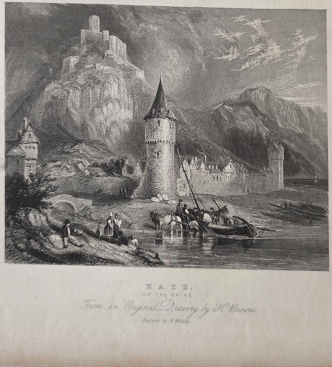 Historische Landschaftsdarstellung – einer Festung am felsigen Flussufer