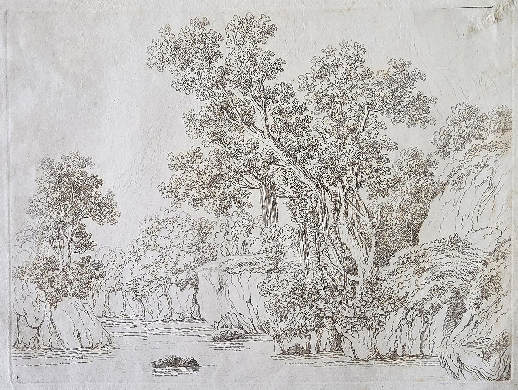 Felsige Baumlandschaft am Wasser