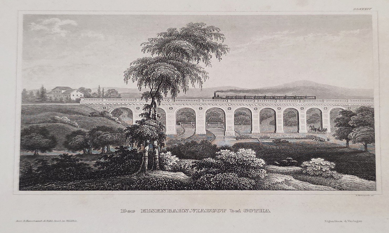 Historische Landschaftsdarstellung – Steinbogenbrücke in weiter Landschaft