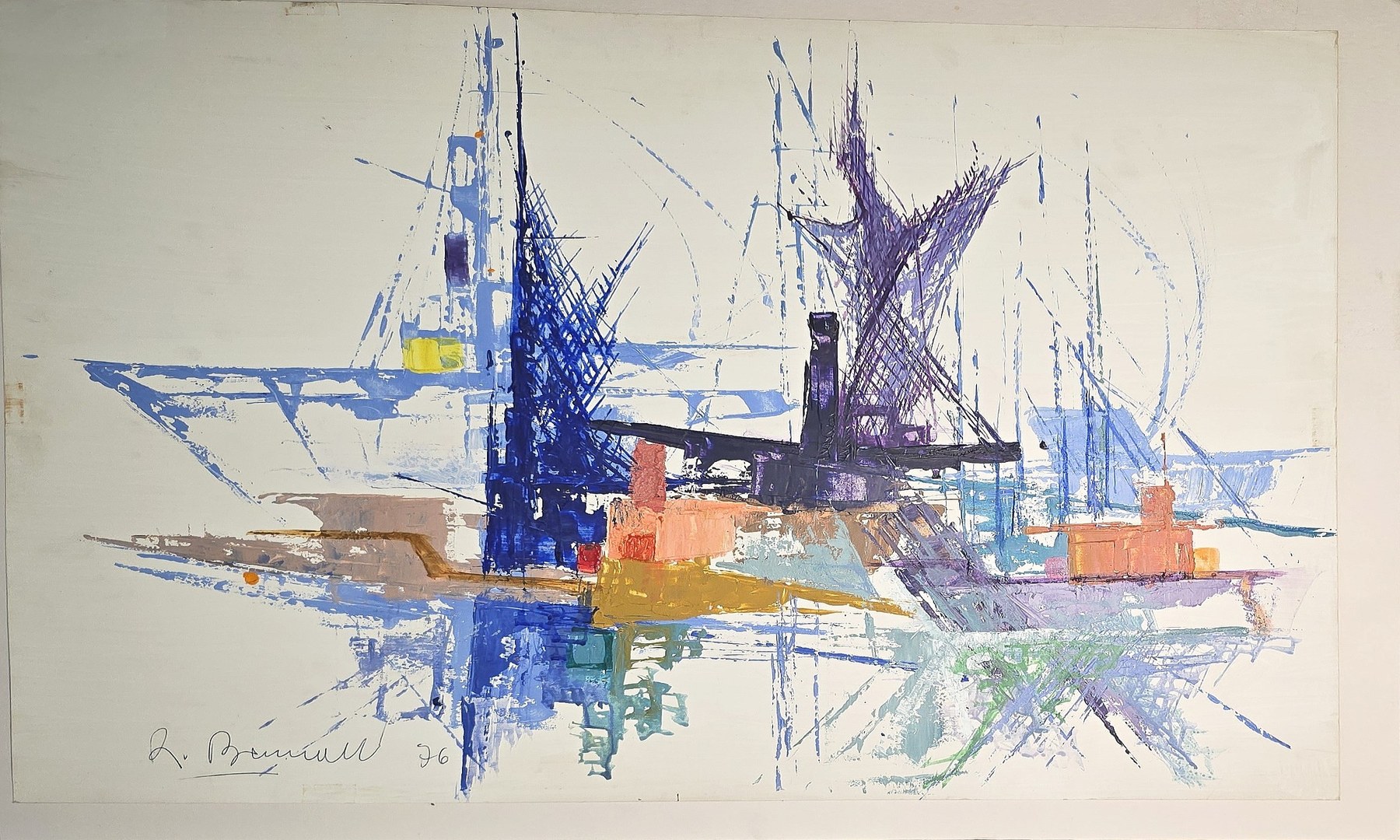 Historische Ortsdarstellung – Abstrakte Hafenszene in Blau und Orange