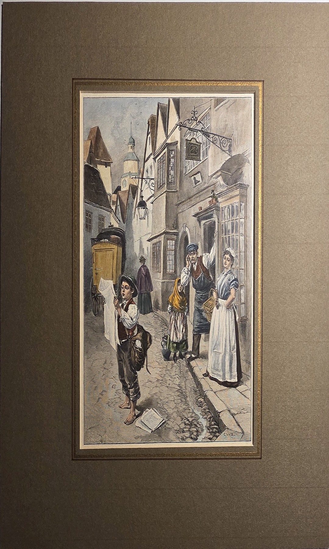 Historische Ortsdarstellung – Straßenszene zwischen hohen Häusern