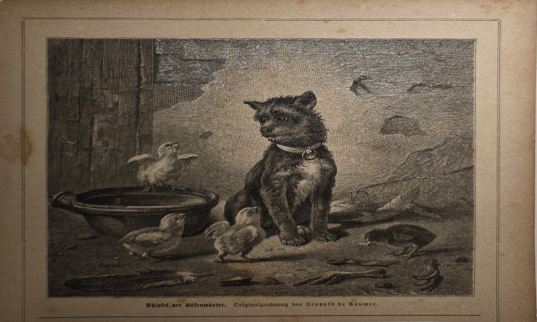 Sitzende Katze bei Schale und Vögeln