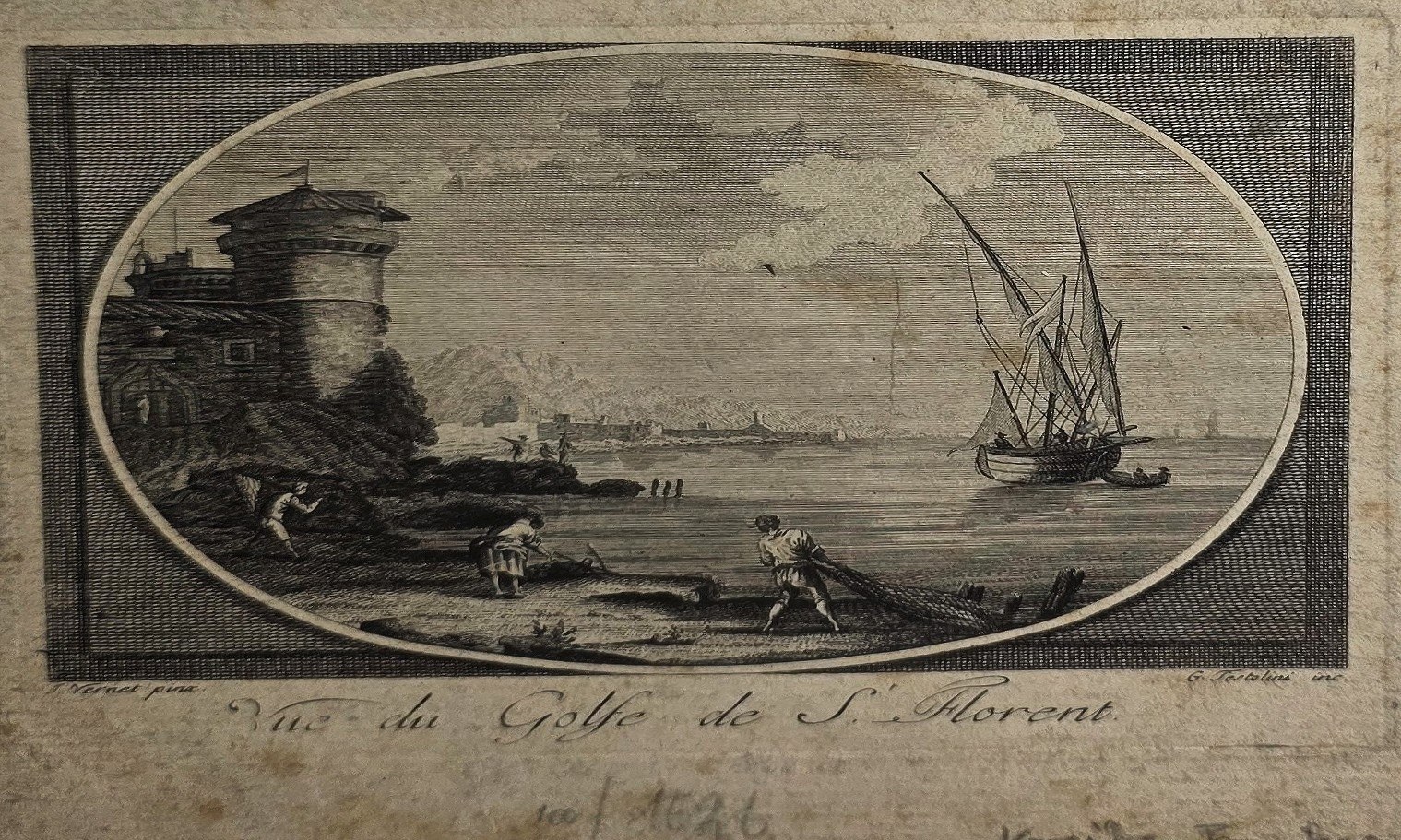 Historische Landschaftsdarstellung – einer Küstenszene mit Segelschiff und rundem Wehrturm