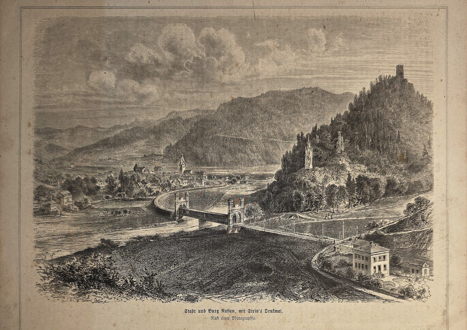 Flusslandschaft mit Brücke und Burgruine