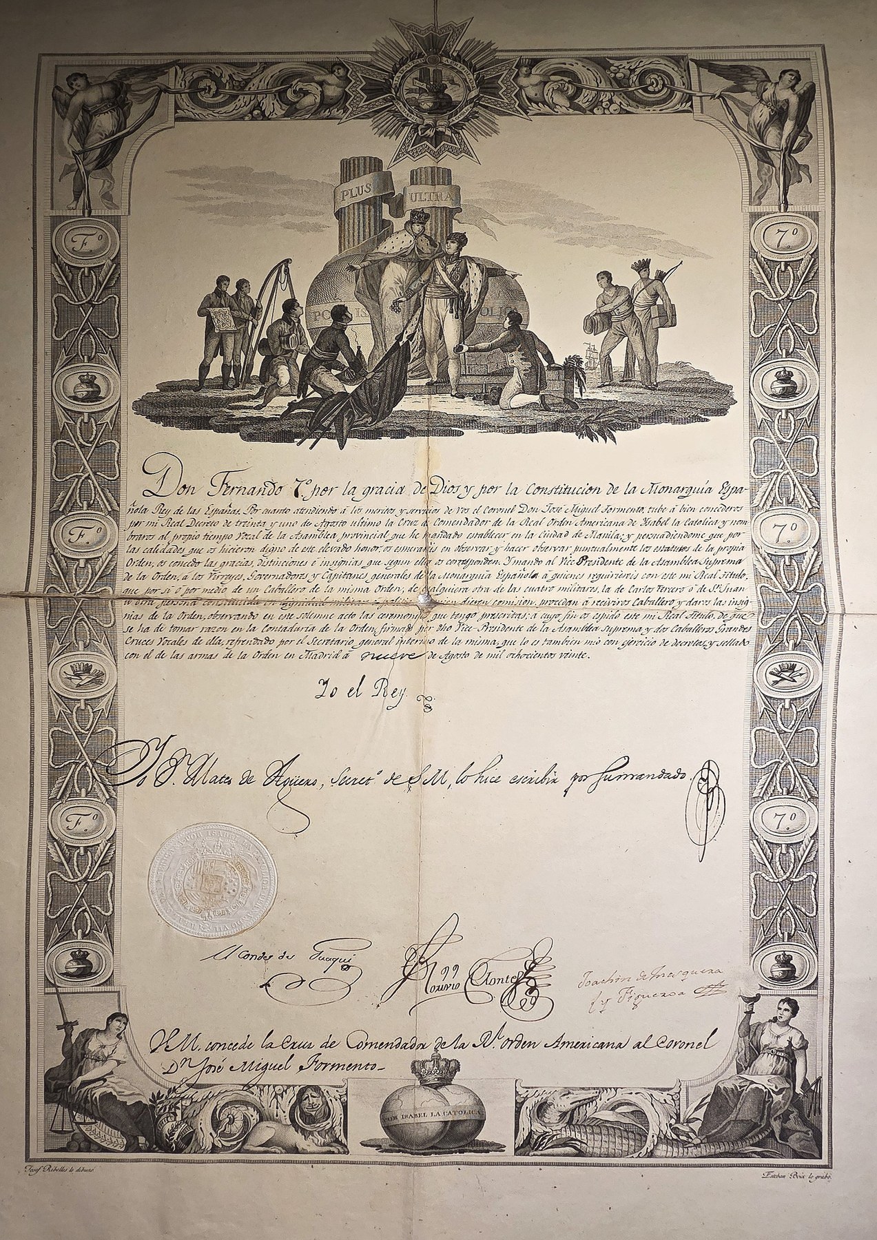 Dekoratives historisches Schriftblatt mit Figurenrahmen