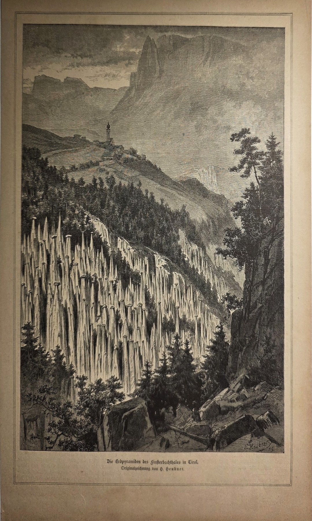 Historische Landschaftsdarstellung – Steiler Wasserfall zwischen bewaldeten Berghängen