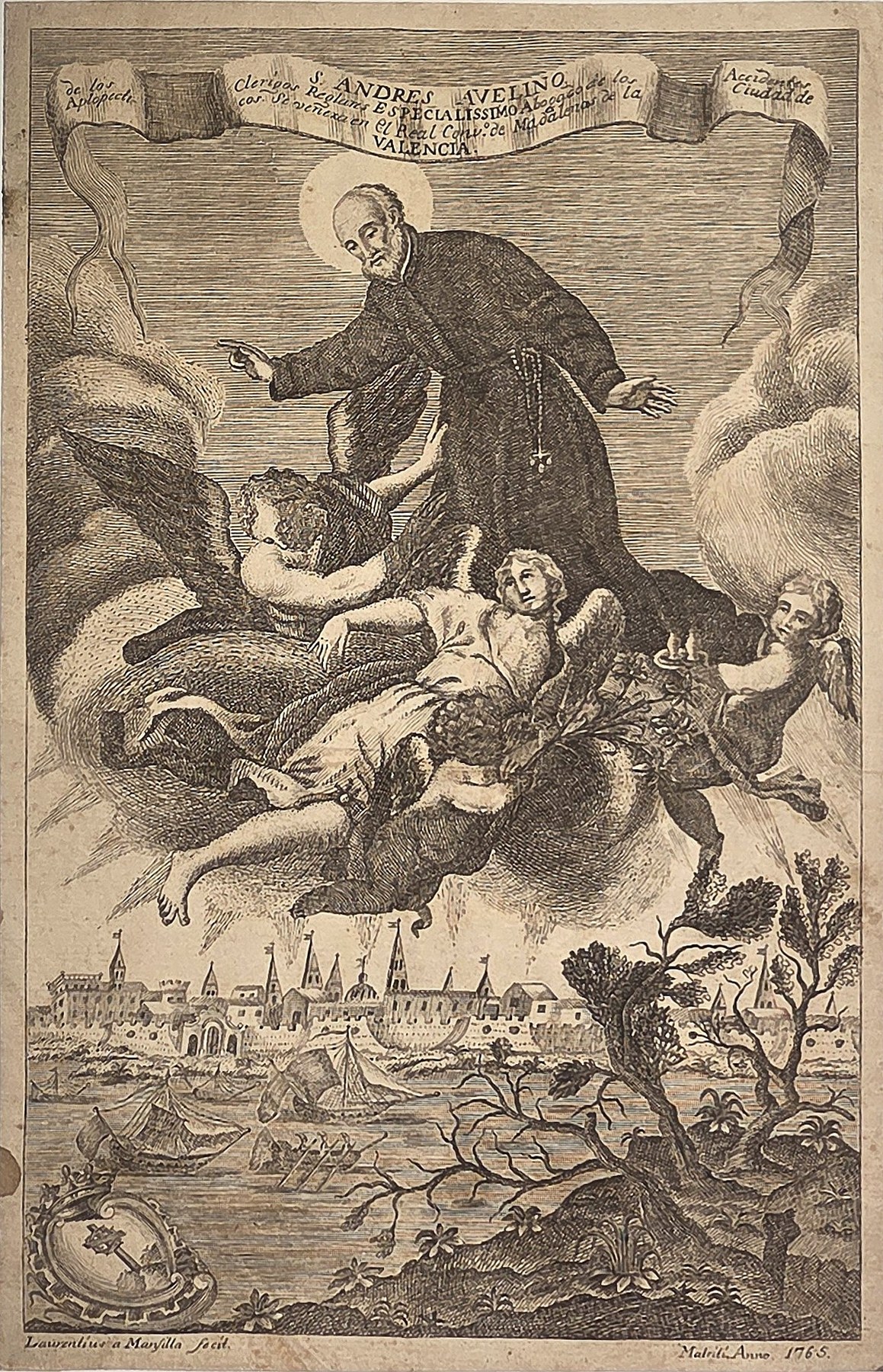 Heiliger über Landschaft und lagernden Figuren