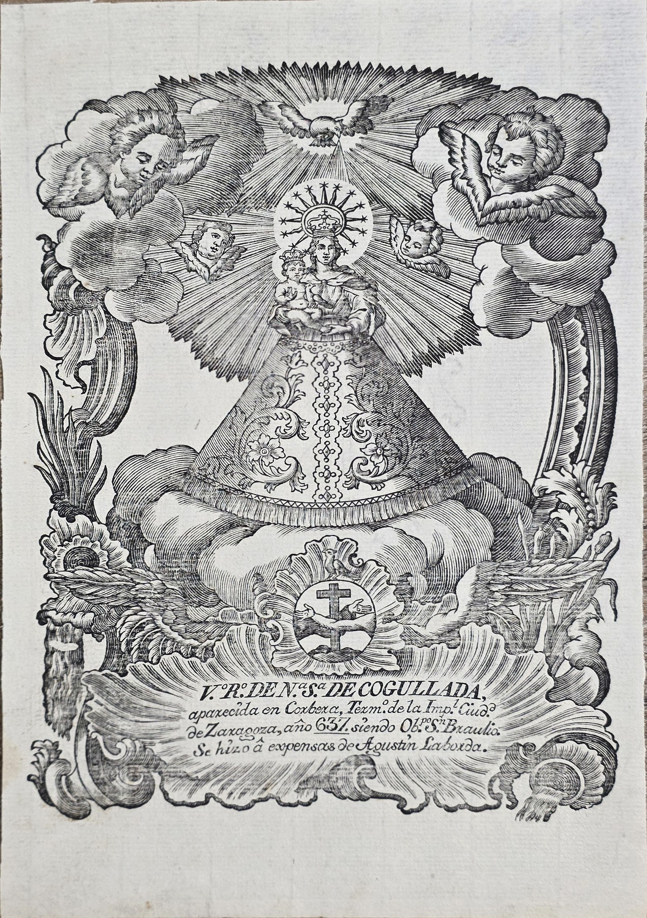Historische Darstellung – Gekrönte Marienfigur in Strahlen- und Wolkenrahmen