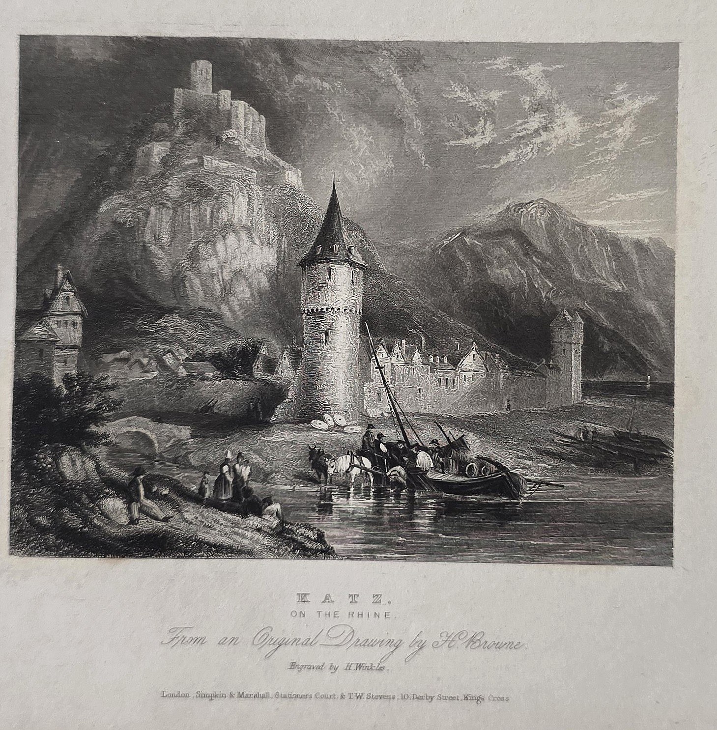 Historische Landschaftsdarstellung – einer Flussburg mit Rundturm