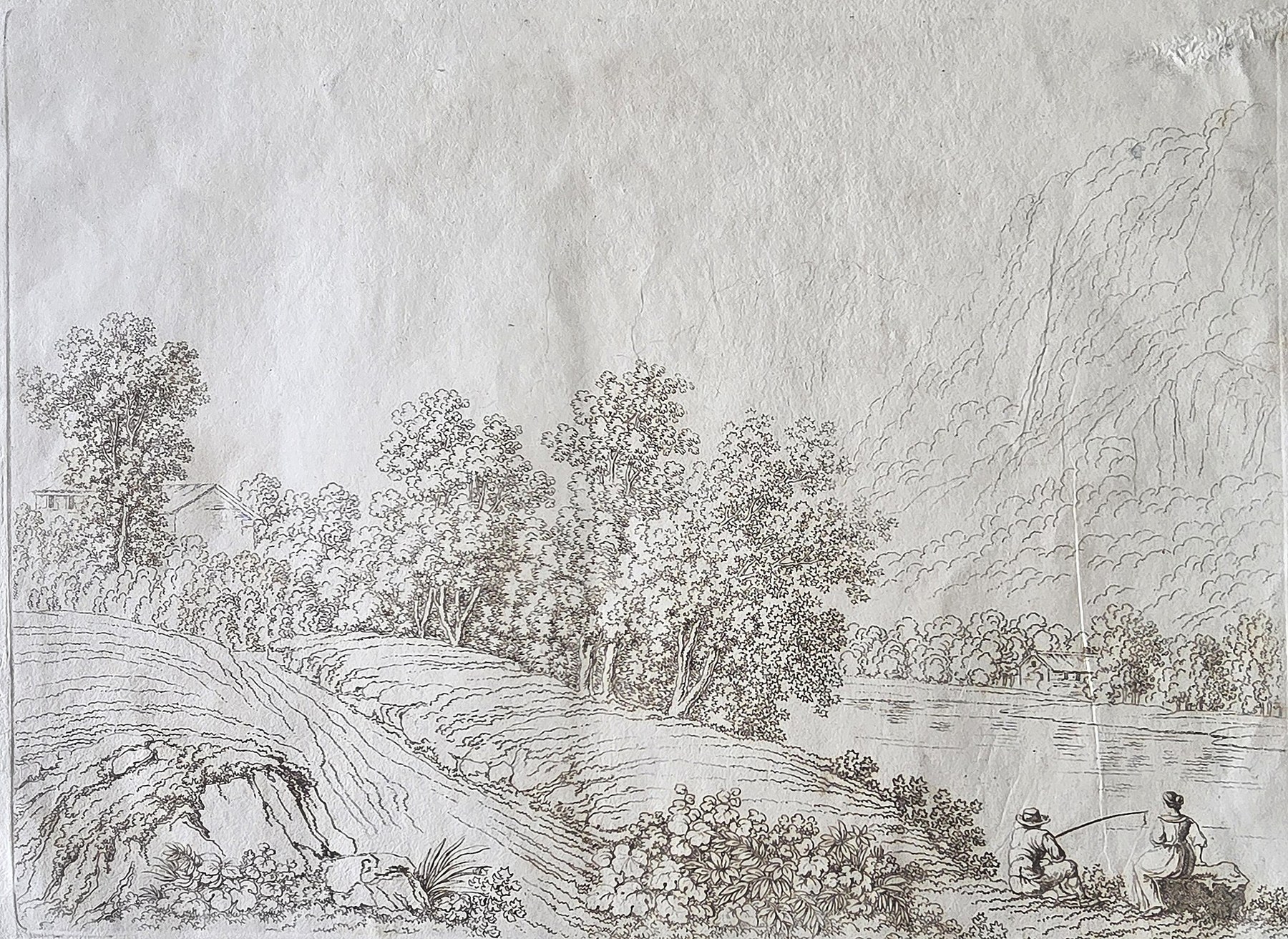 Historische Landschaftsdarstellung – Waldweg mit kleinen Figuren in weiter Landschaft