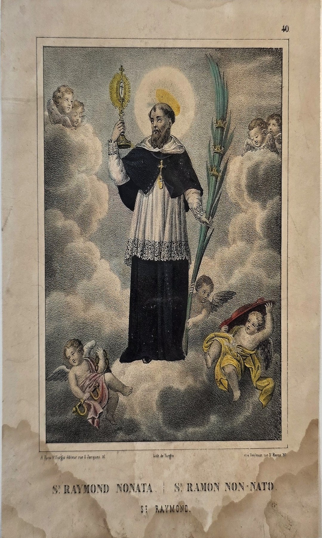 eines Heiligen auf Wolken mit Kindern und Kreuz