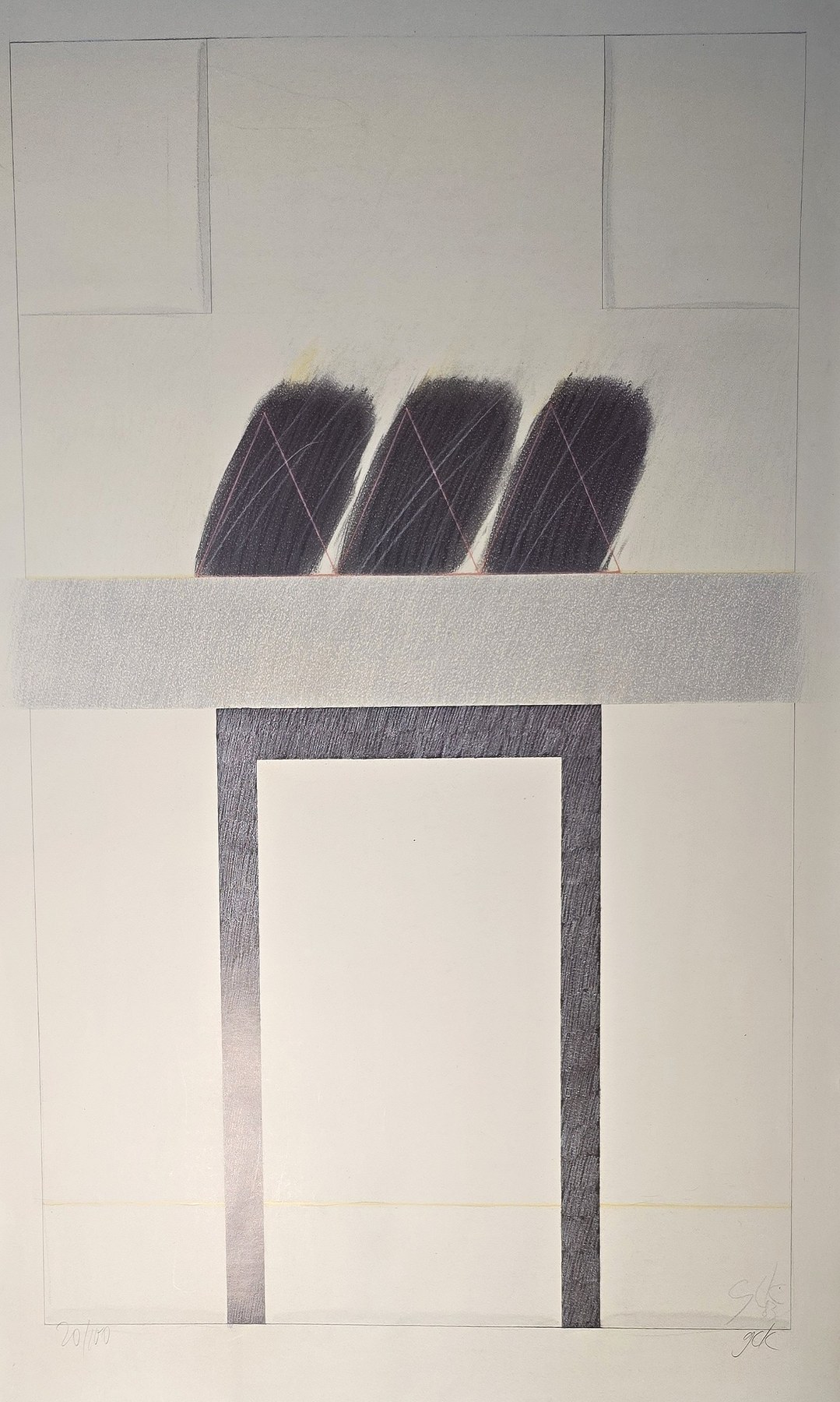 Minimalistische Grafik mit drei dunklen Formen über Portal