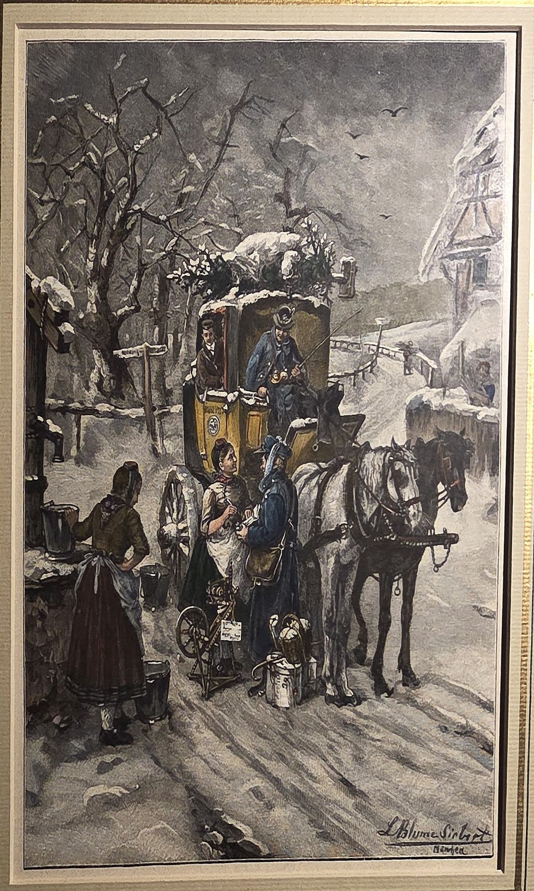 Winterlicher Pferdewagen vor verschneiten Bäumen