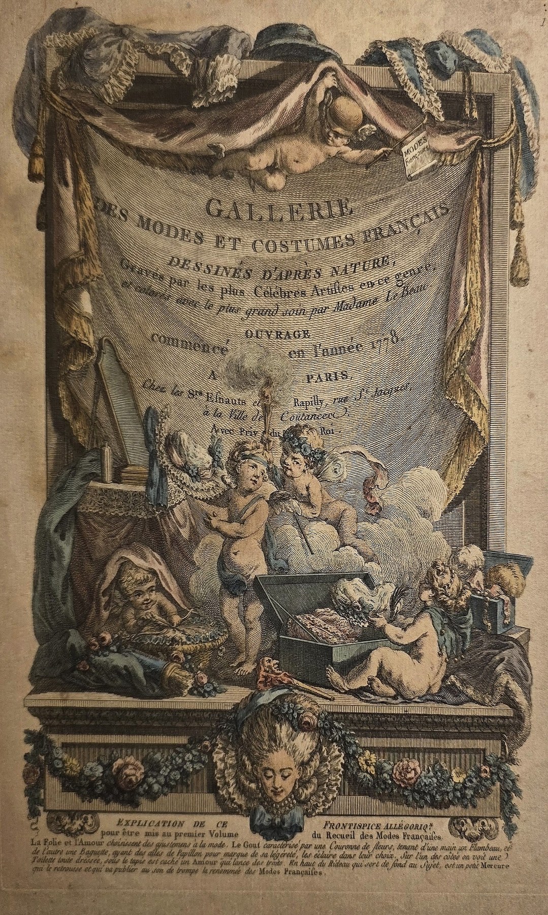 Ornamentales Titelblatt mit Figuren, Draperien und Modeinschrift
