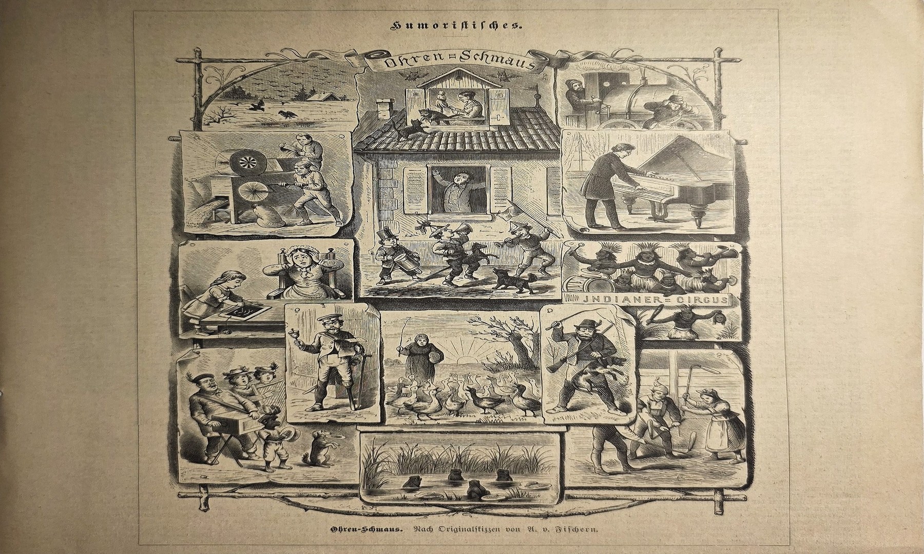 Illustrierte Bildtafel mit kleinen Szenen