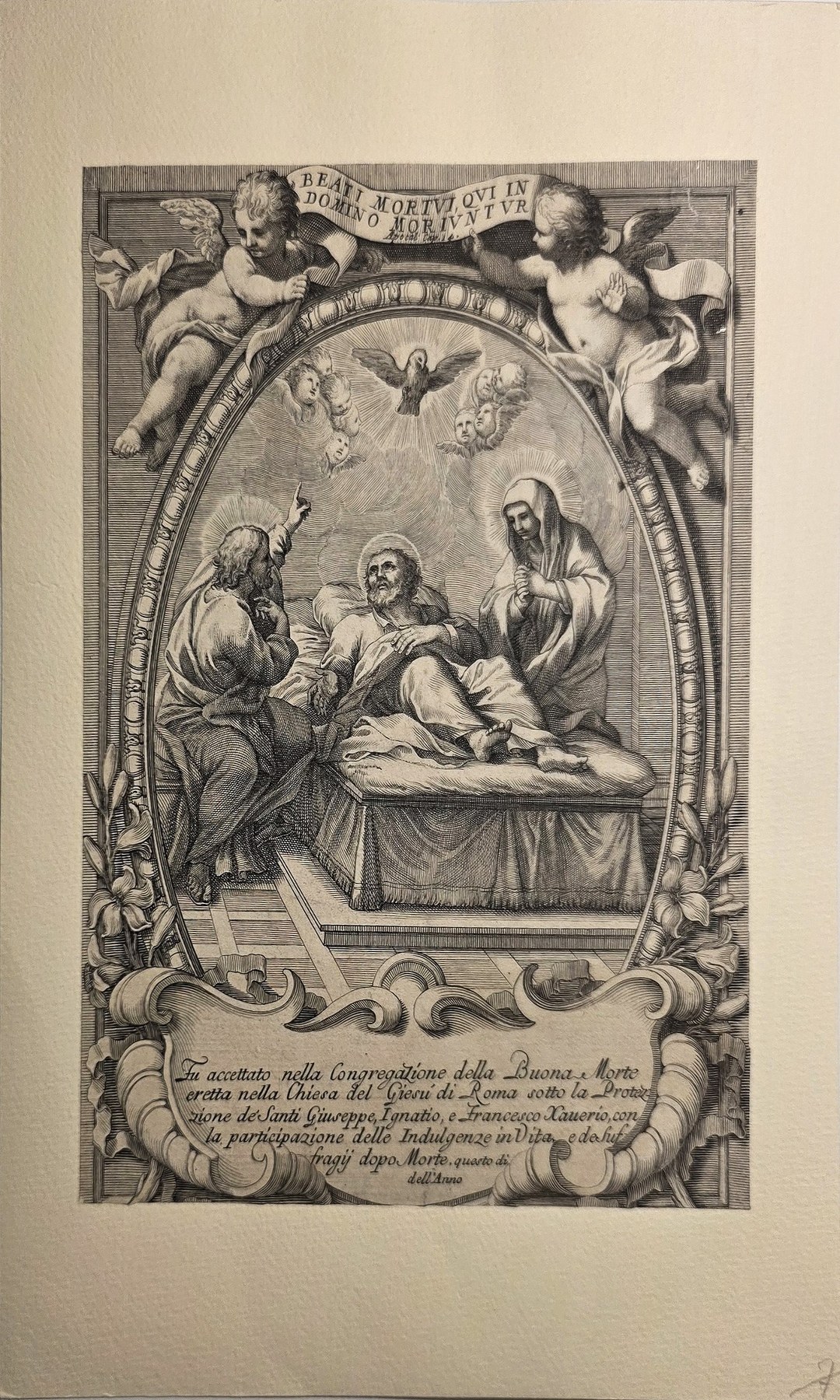 Sterbebett mit Geistlichen, Engeln und ovaler Ornamentrahmung