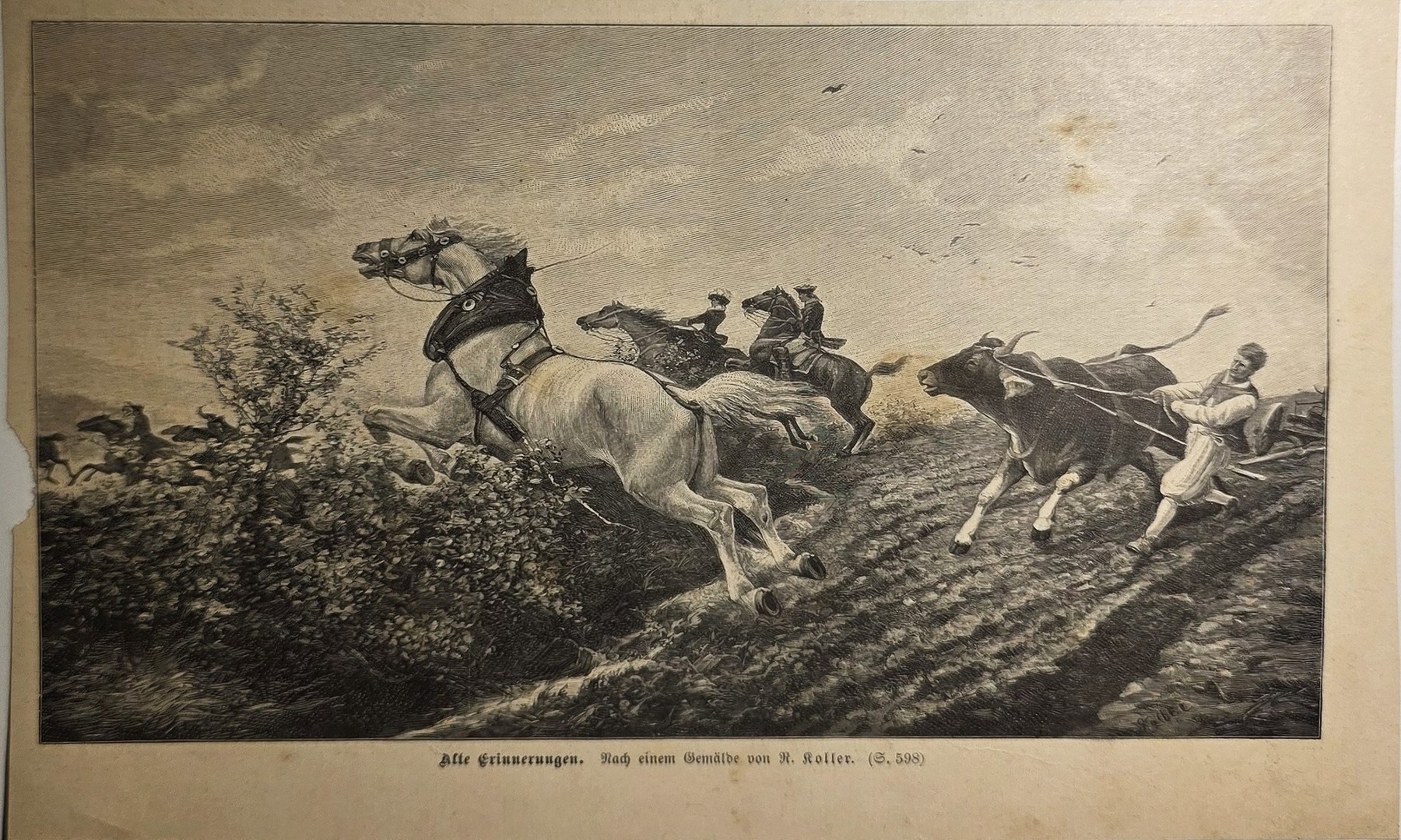 Historische figürliche Darstellung – Reiter und Pferde in dramatischer Bewegung