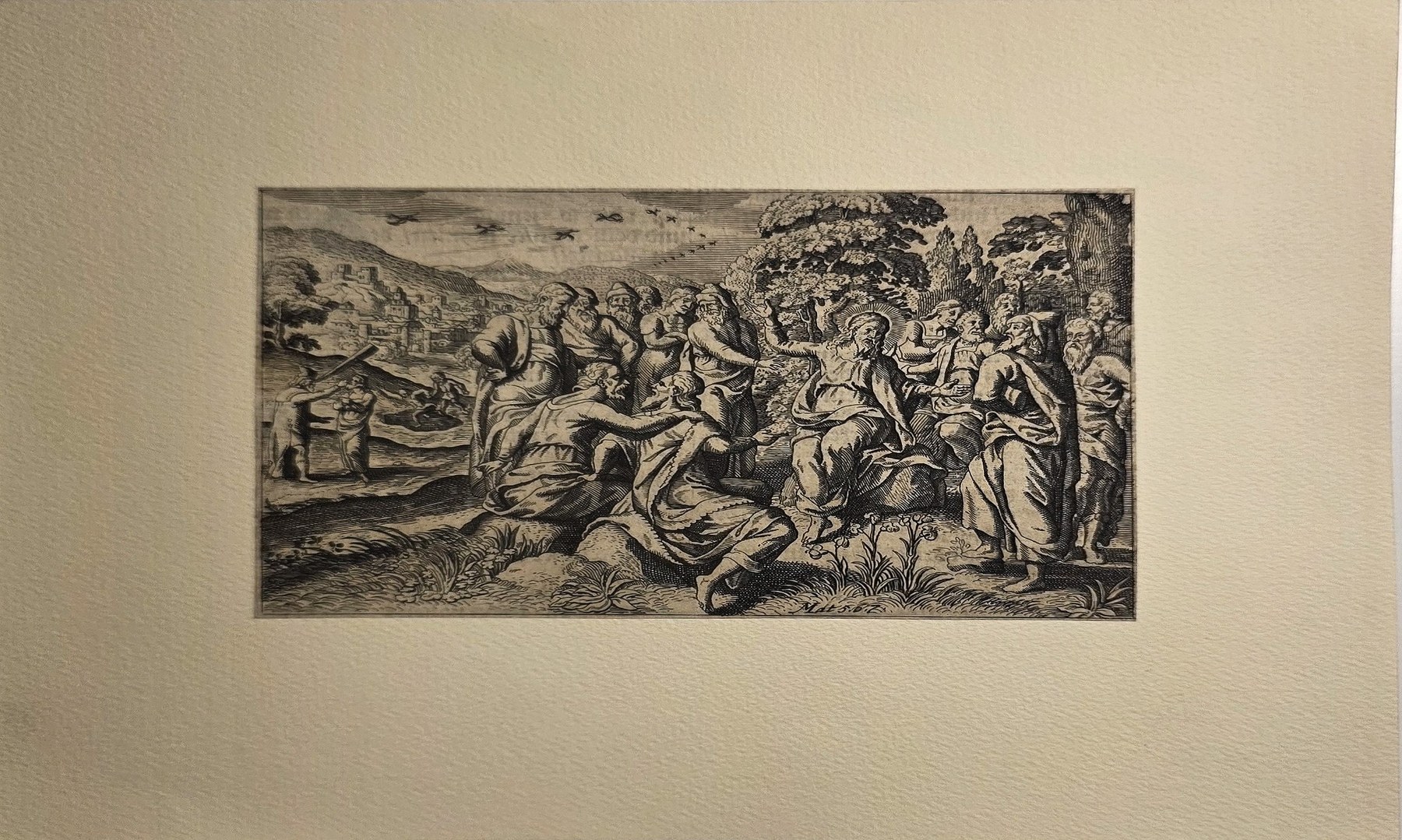 Biblische Gruppenszene in weiter Landschaft mit zahlreichen Figuren