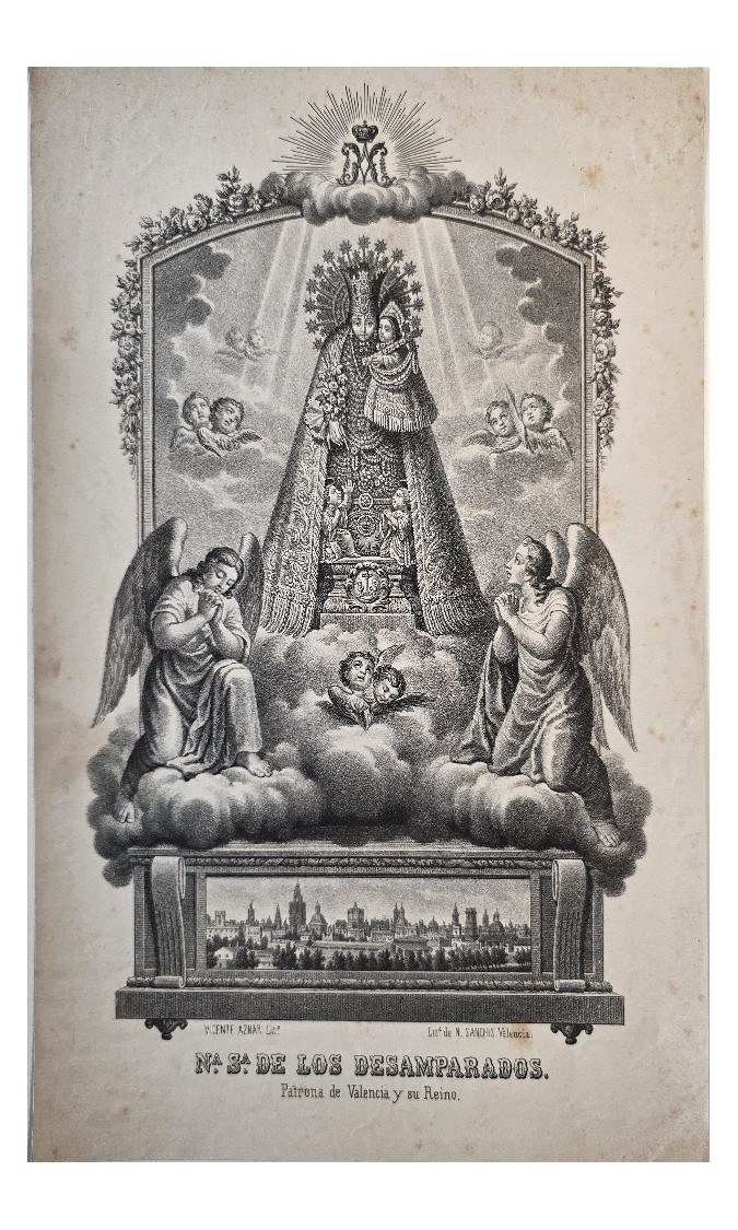 Madonnenbild in ornamentalem Rahmen mit Stadtansicht