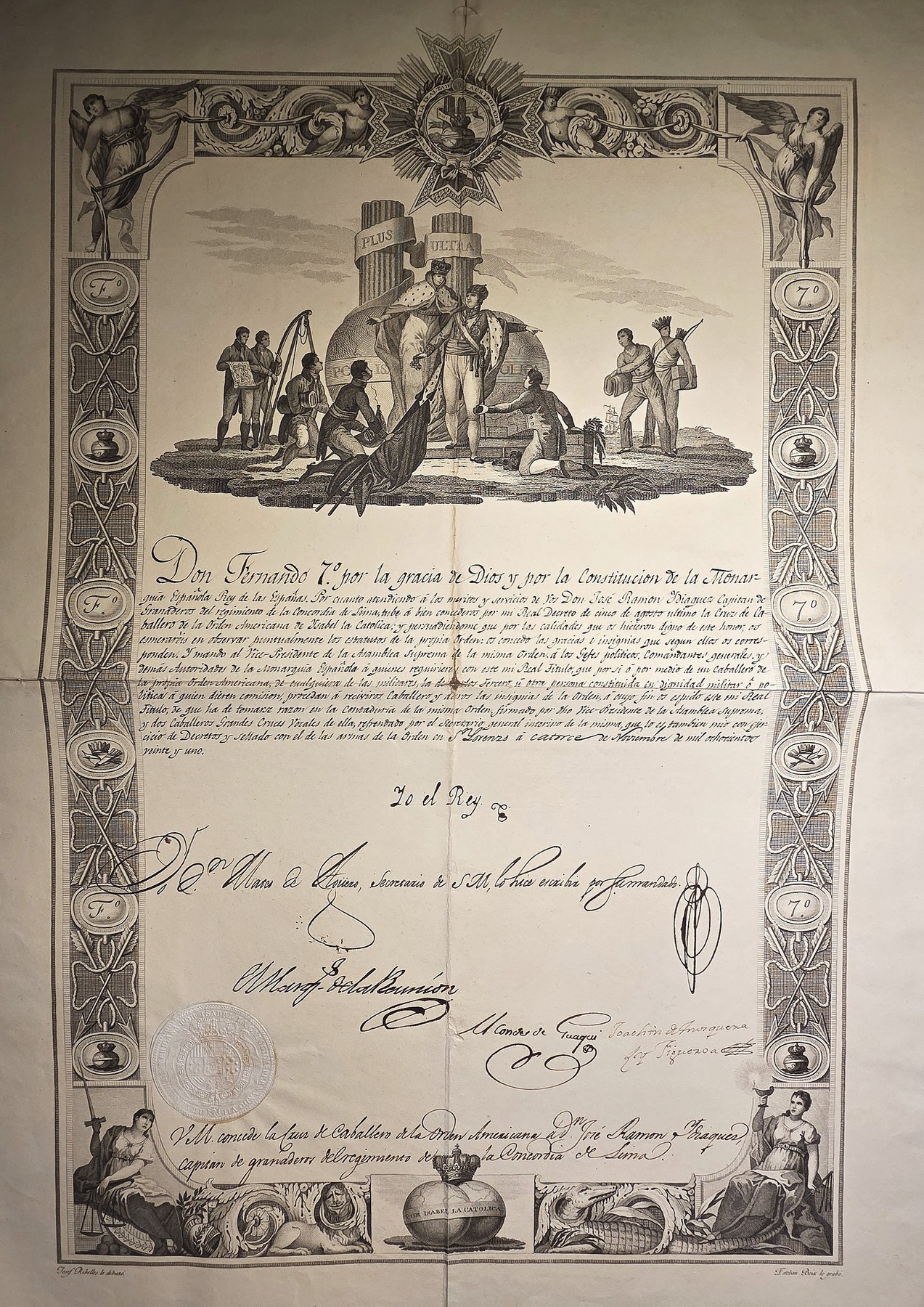 Historische Darstellung – Urkundenartiges Blatt mit Bildszene und Signaturen